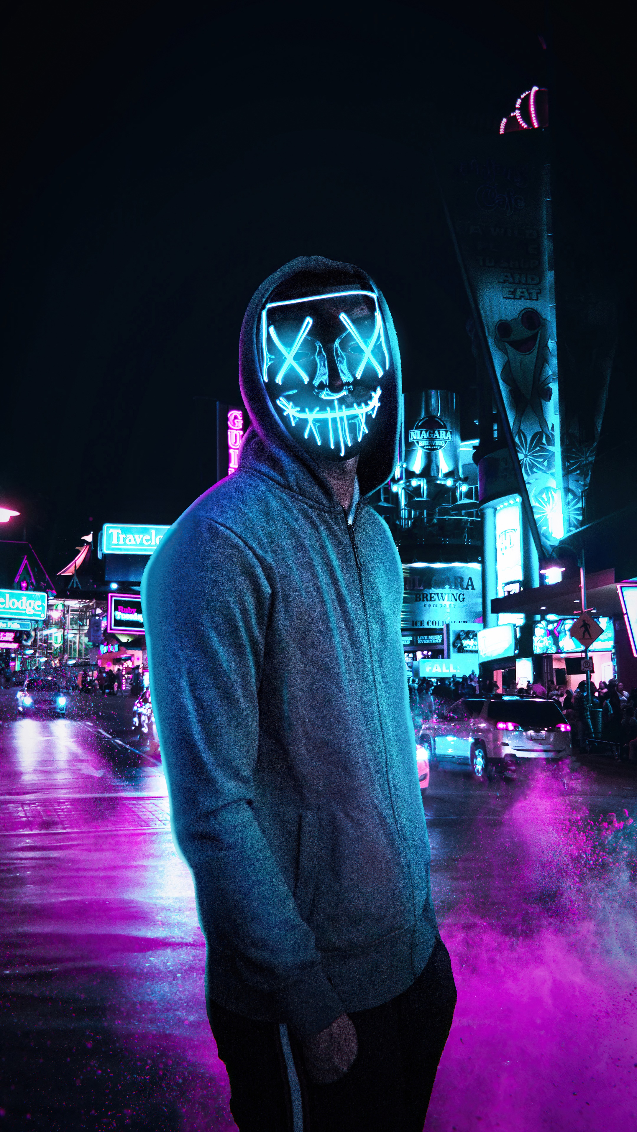 Man in Anonymous mask in neon city HD Phone Wallpaper