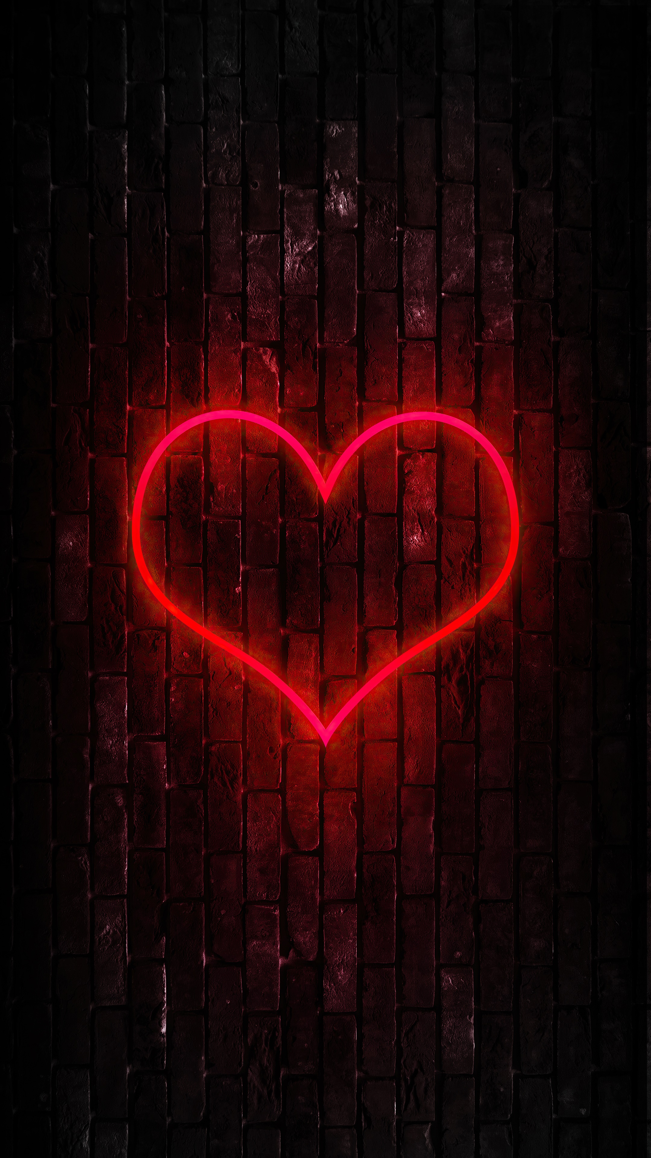 Red neon heart on a dark brick wall HD Phone Wallpaper