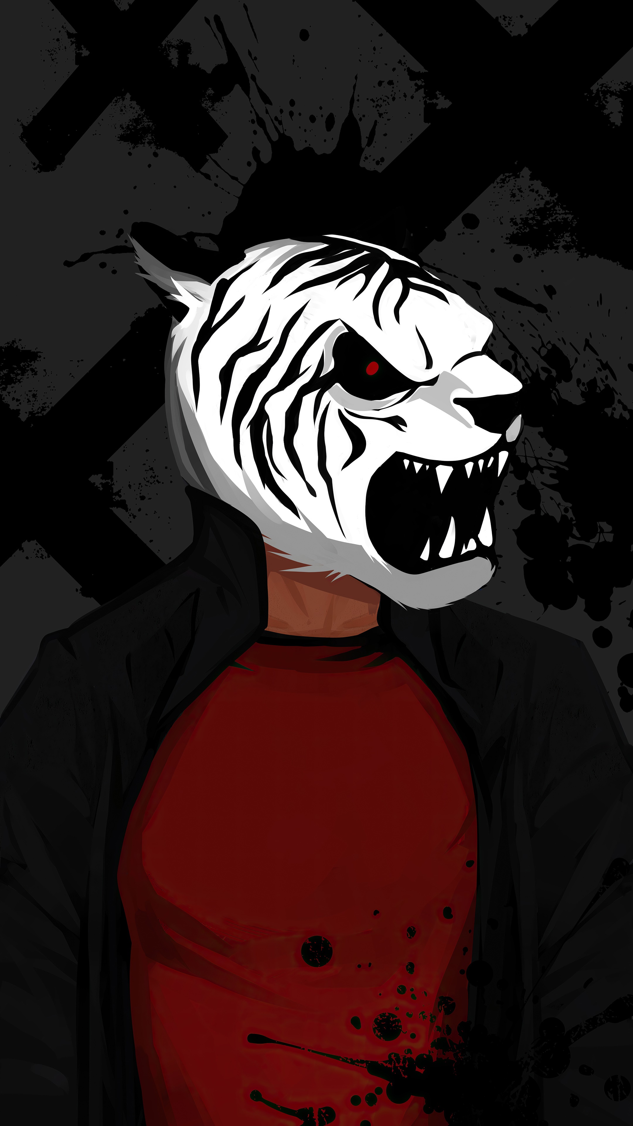 Man wearing a white tiger mask and red shirt HD Phone Wallpaper