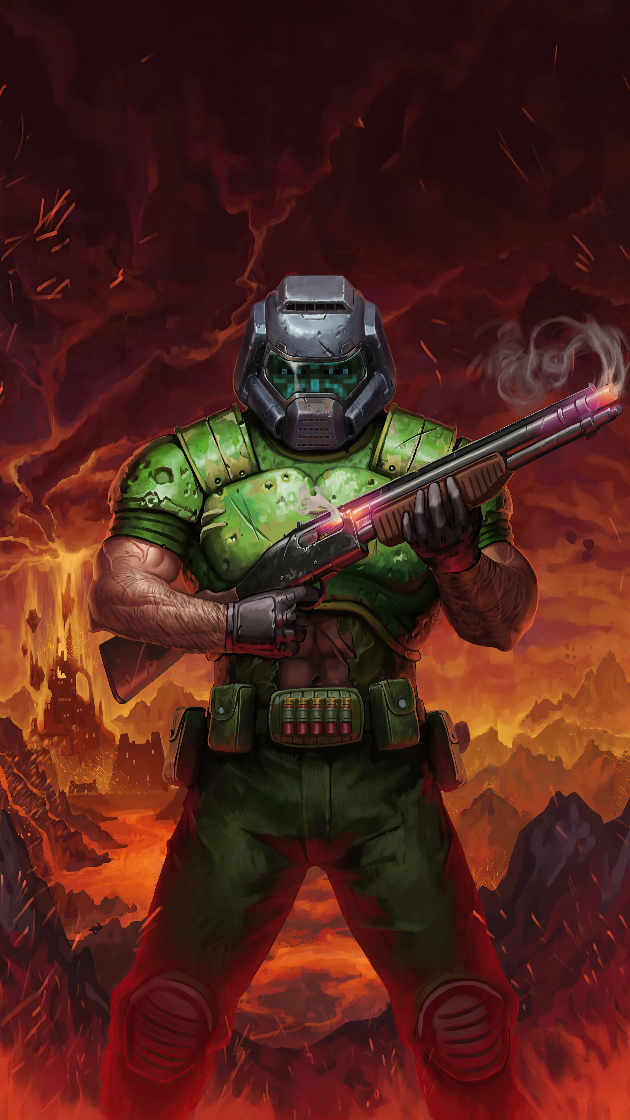 Doom Slayer with Shotgun in Hell HD Phone Wallpaper