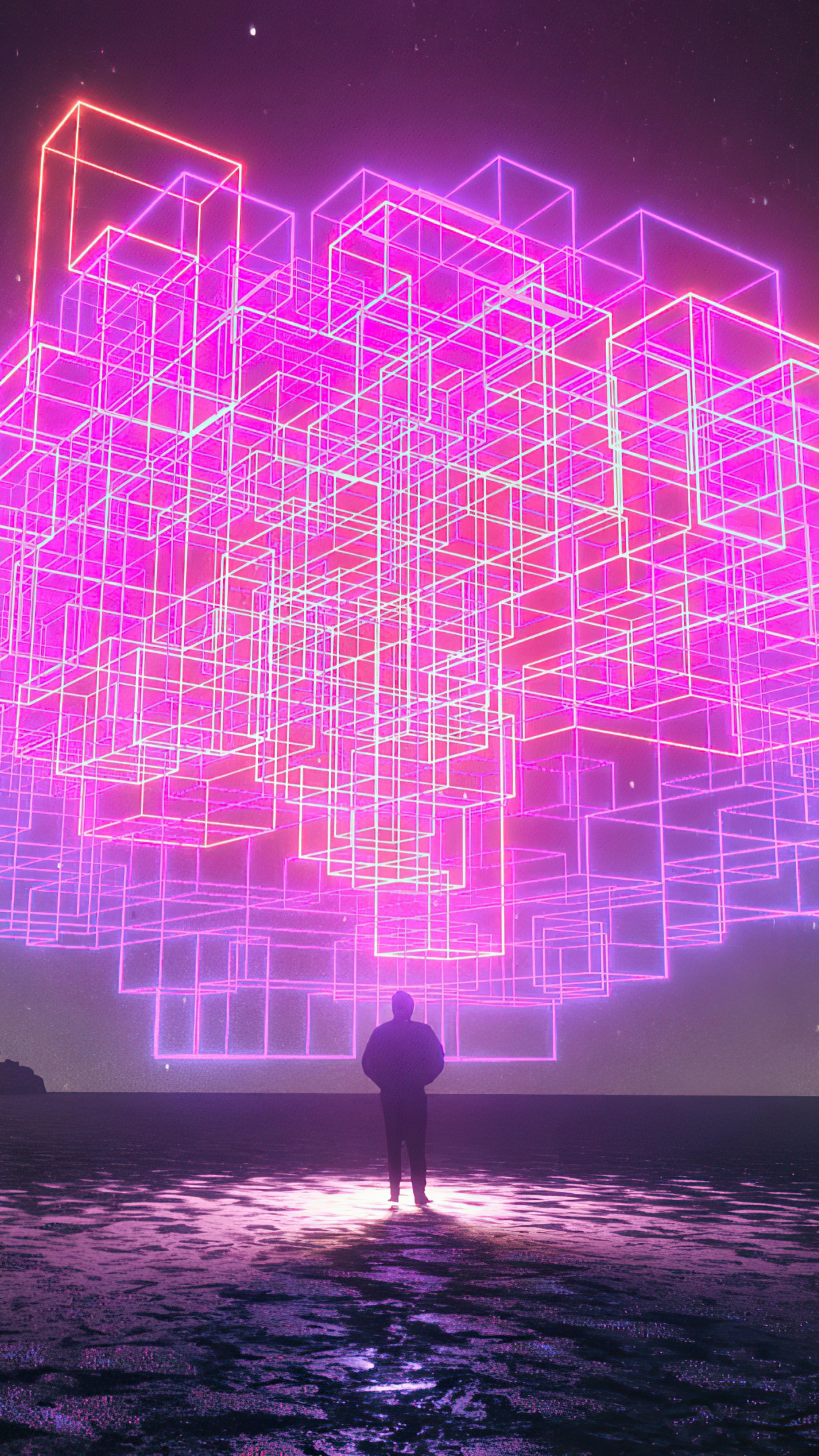 Man standing before a neon cube structure HD Phone Wallpaper