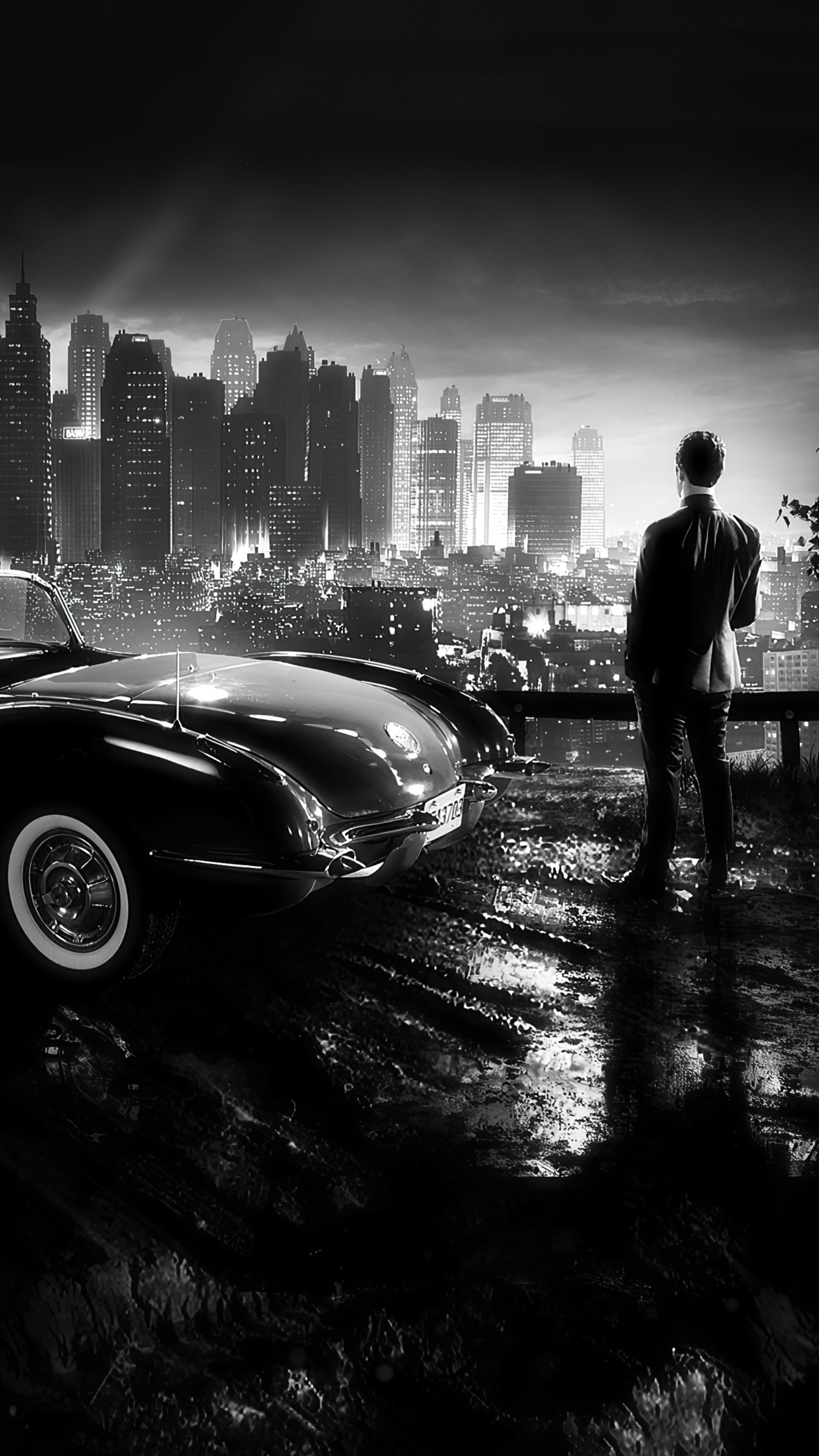 Man in Suit Standing by Vintage Car Overlooking Cityscape HD Phone Wallpaper