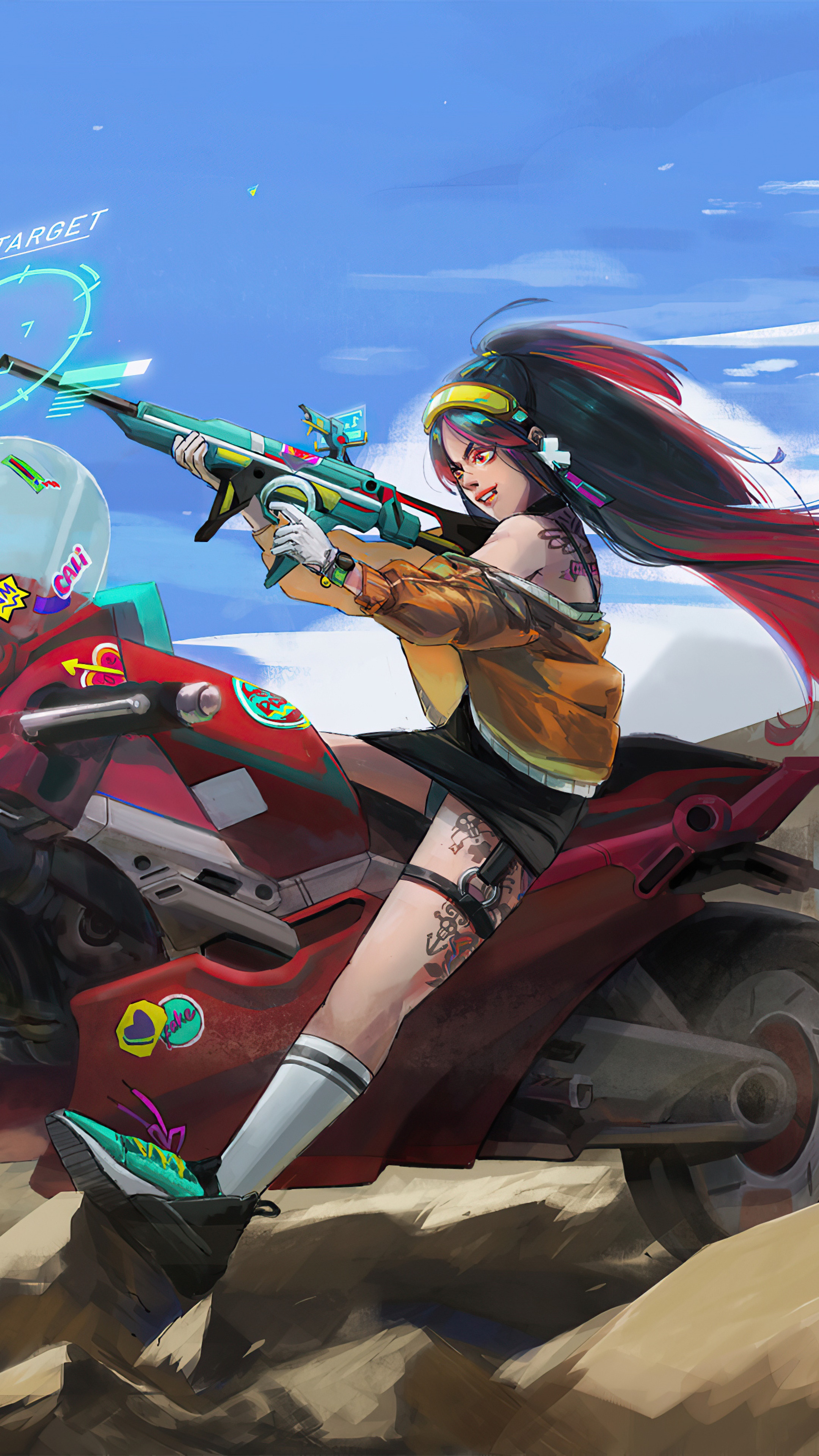 Girl with rifle on a motorcycle HD Phone Wallpaper