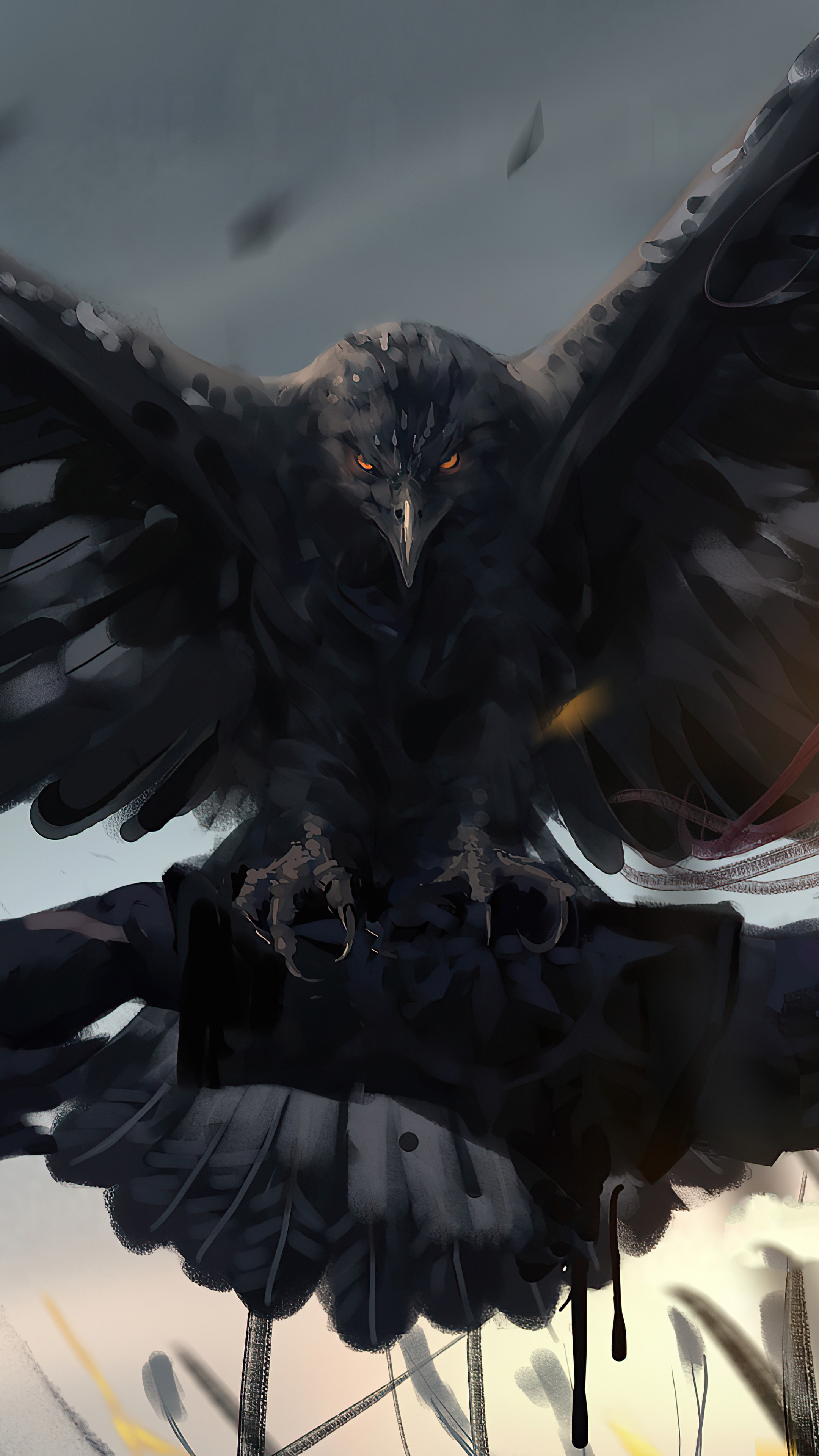 Digital art of a black eagle with orange eyes HD Phone Wallpaper