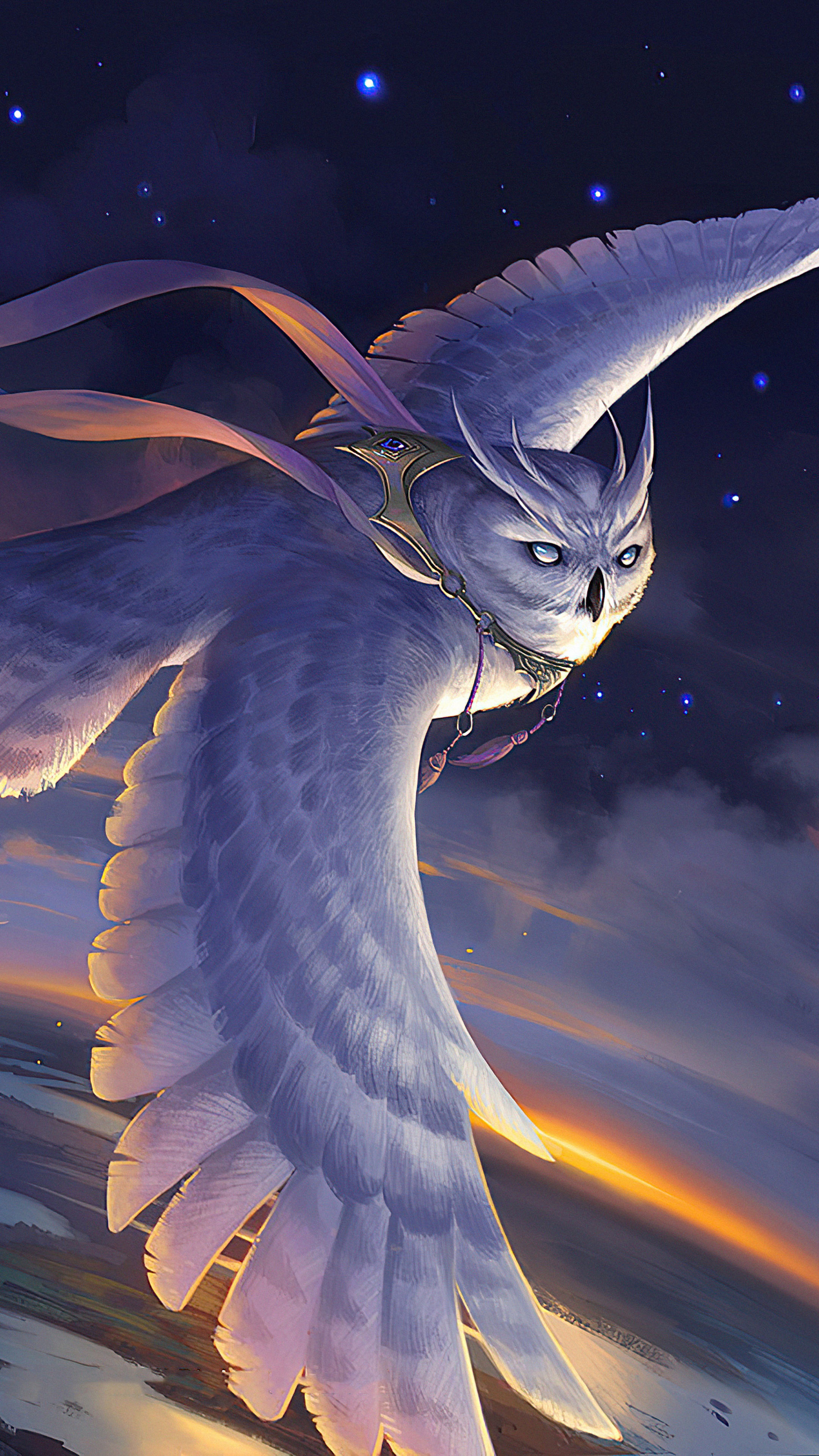 Digital art of a white owl flying at night HD Phone Wallpaper