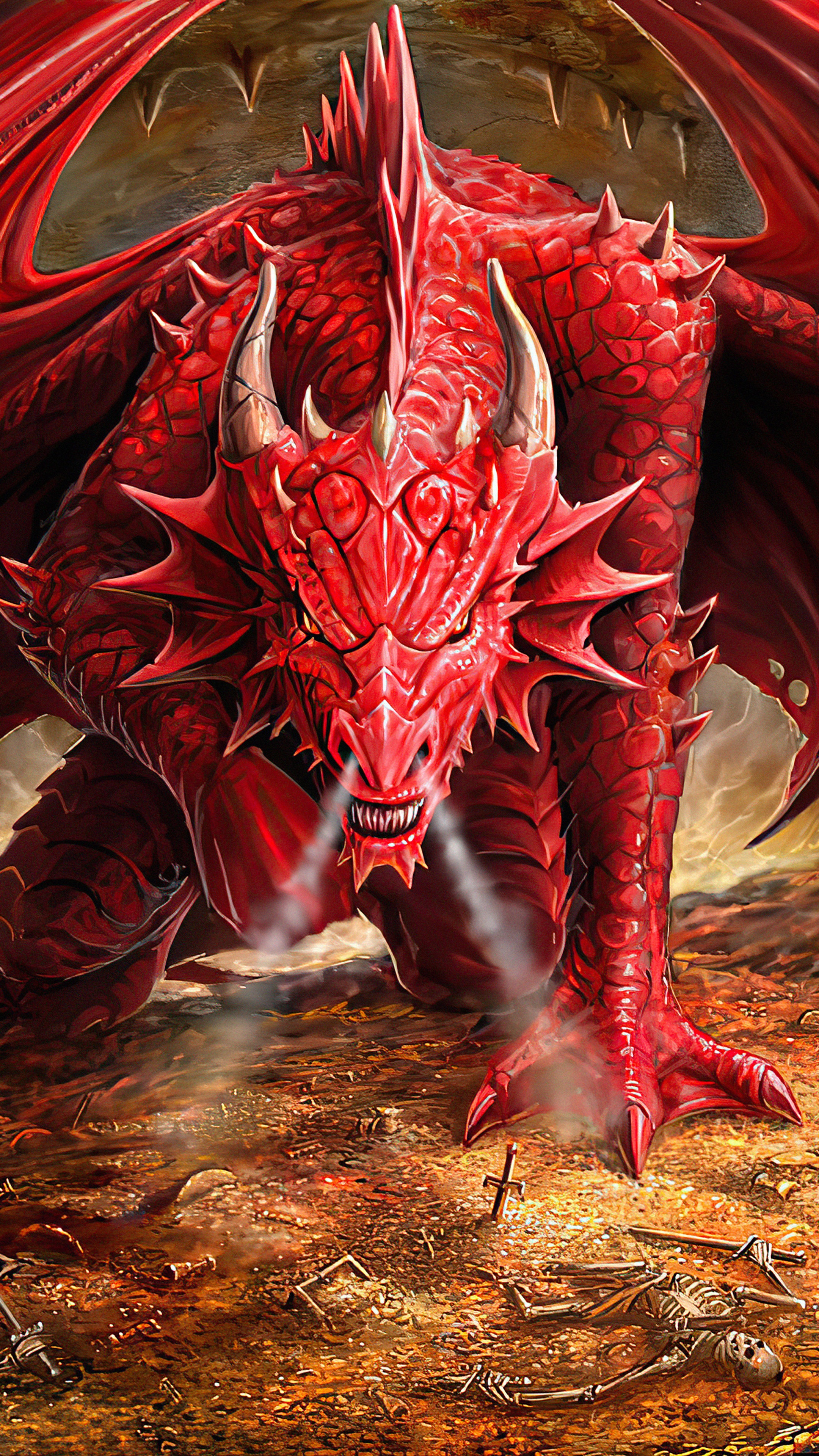 Red Dragon breathing smoke in a cave with skeletons HD Phone Wallpaper