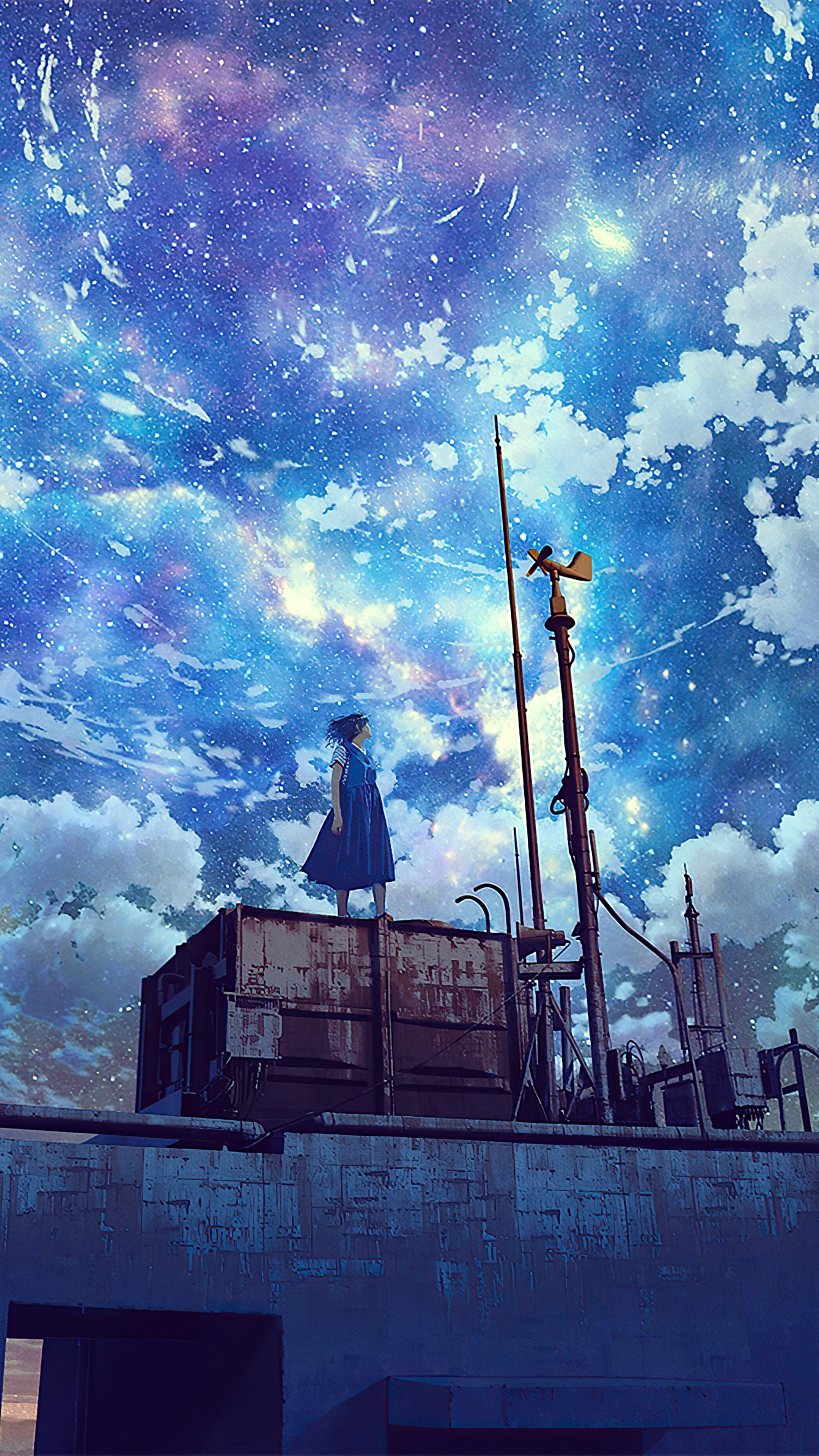 Anime girl on rooftop under starry sky HD Phone Wallpaper