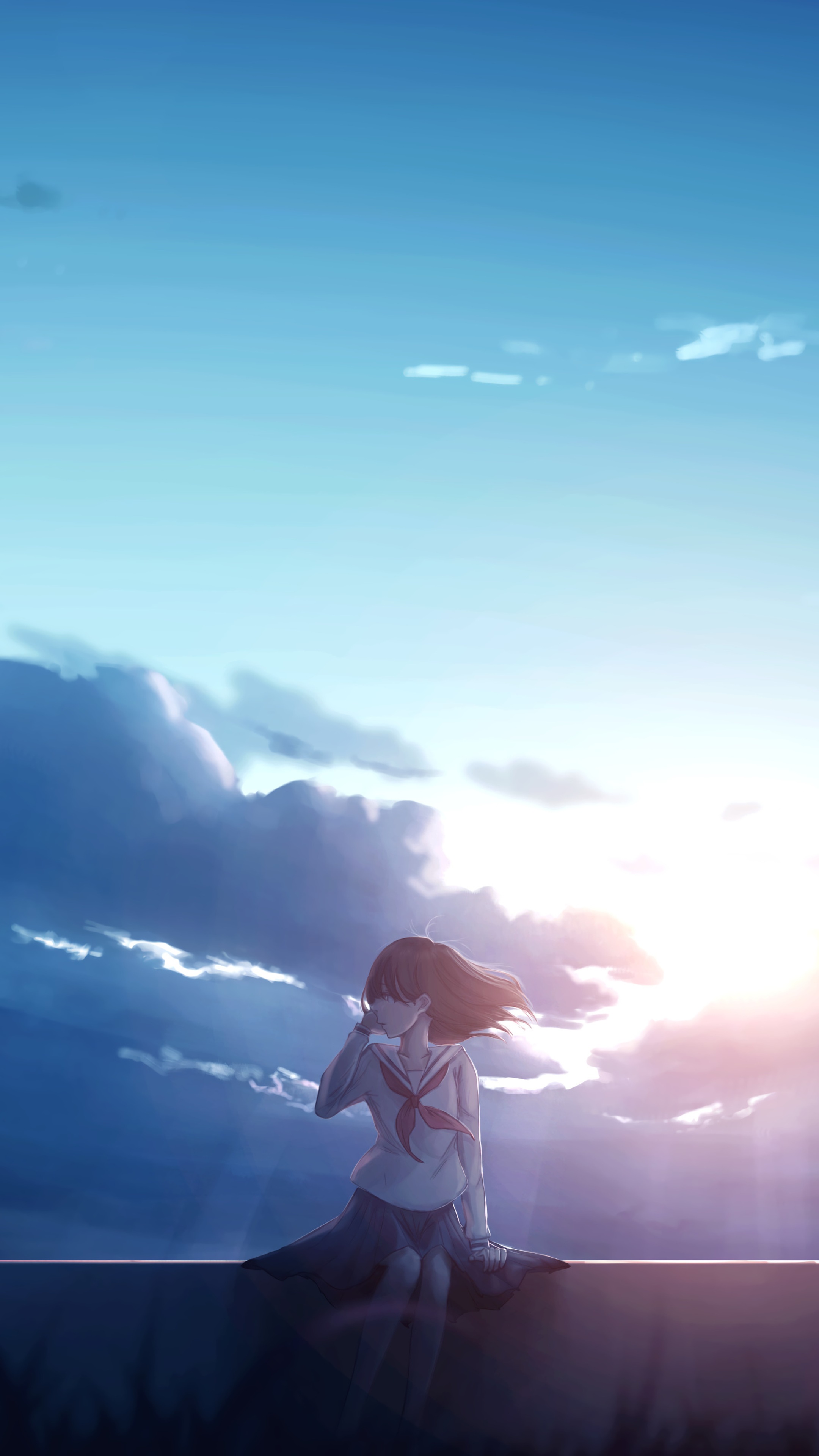 Anime girl sitting on a ledge at sunset HD Phone Wallpaper