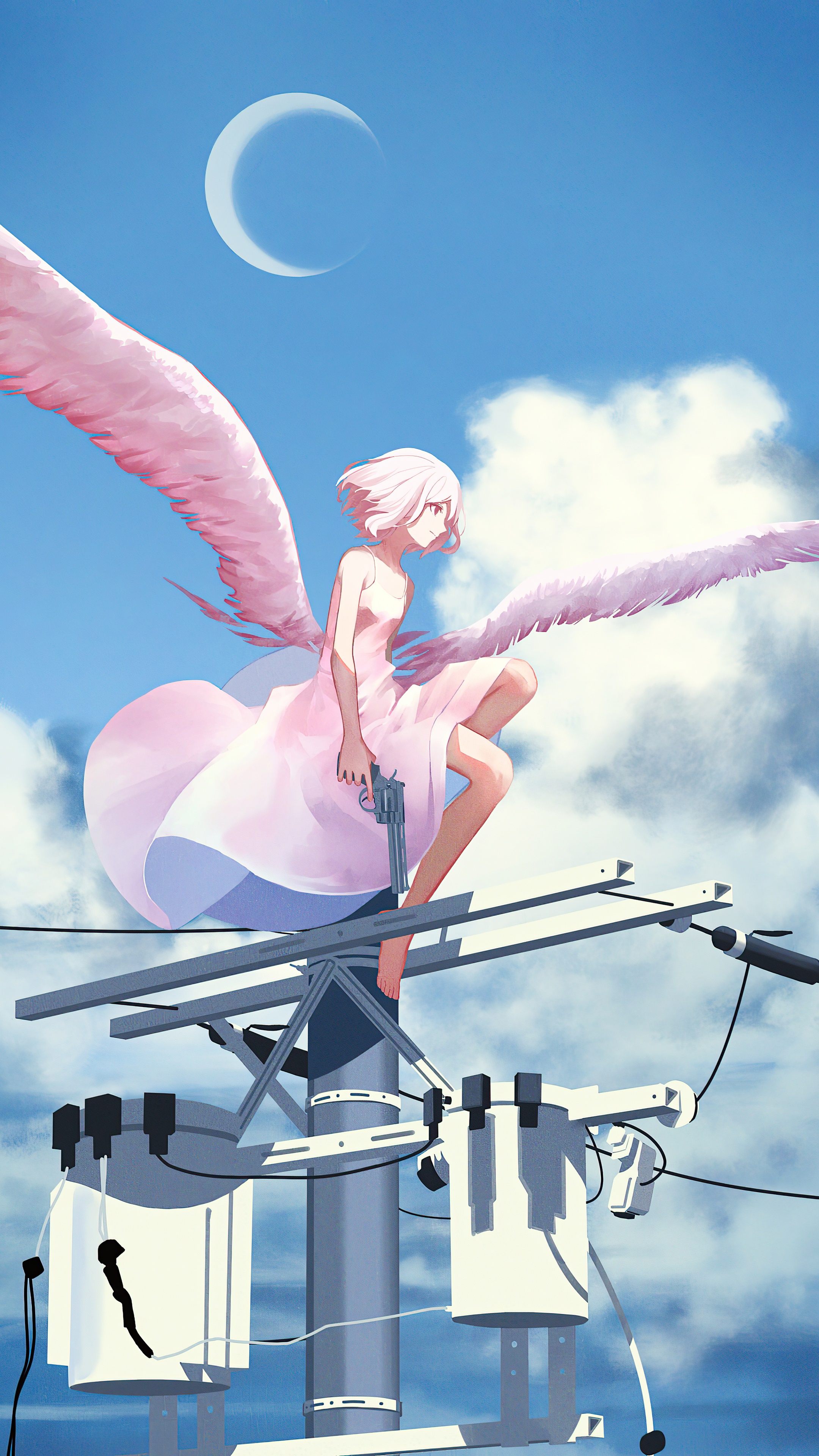 Anime girl with pink wings holding a gun HD Phone Wallpaper
