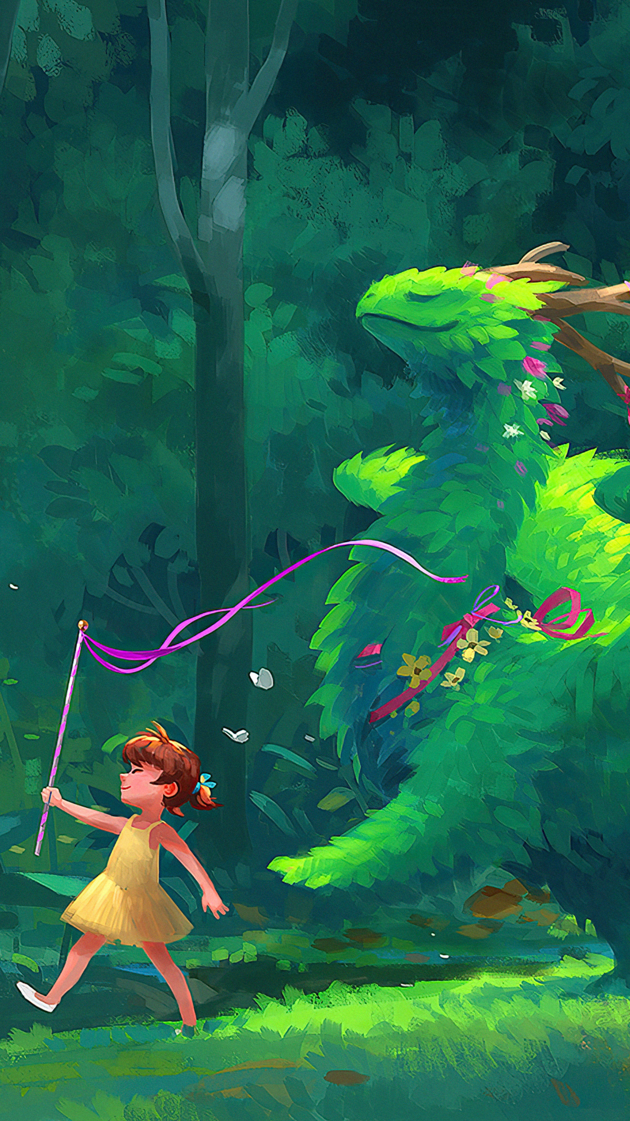 Girl with a ribbon wand and a green dragon in a forest HD Phone Wallpaper