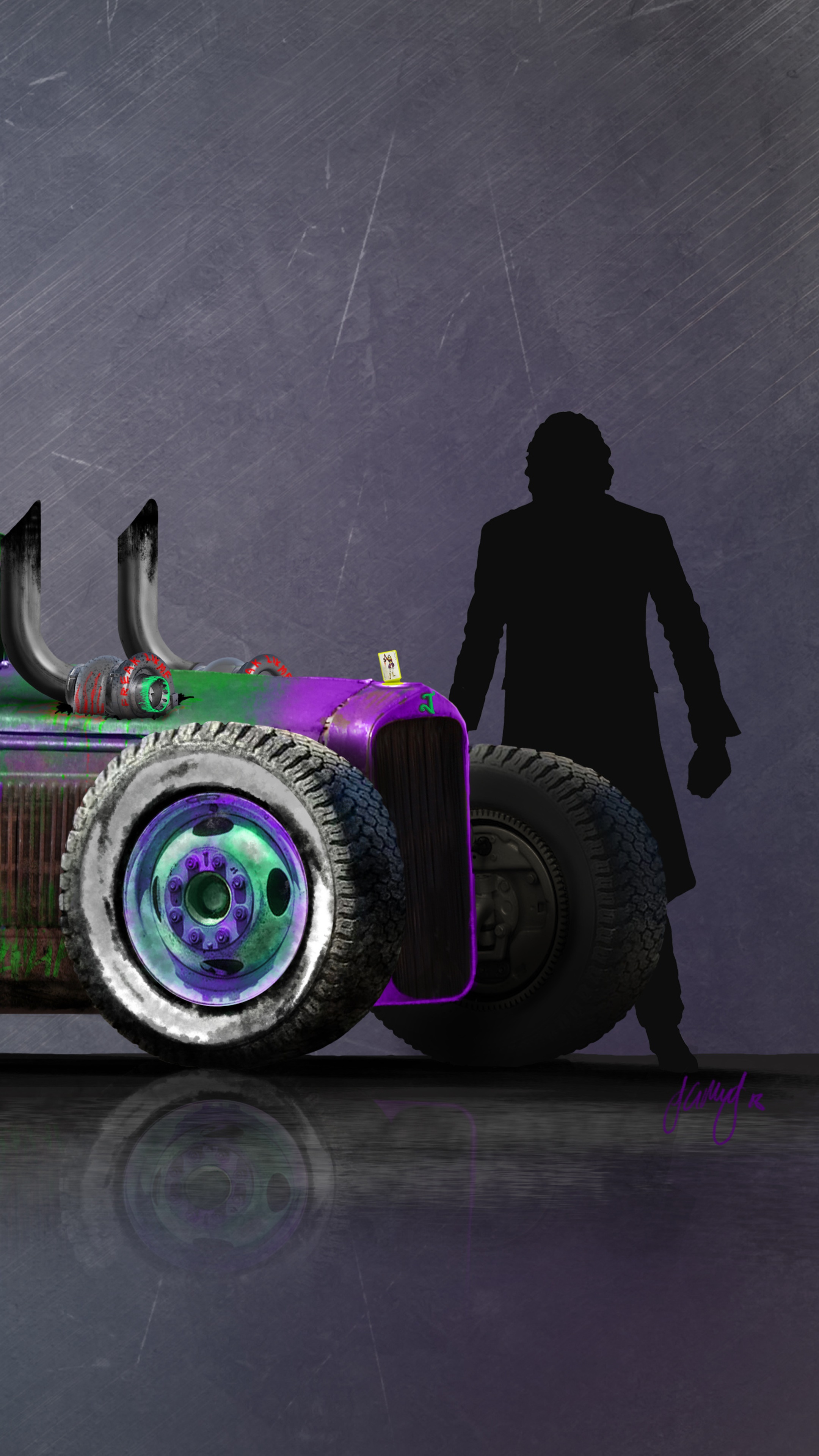 Artwork of The Joker and his car HD Phone Wallpaper