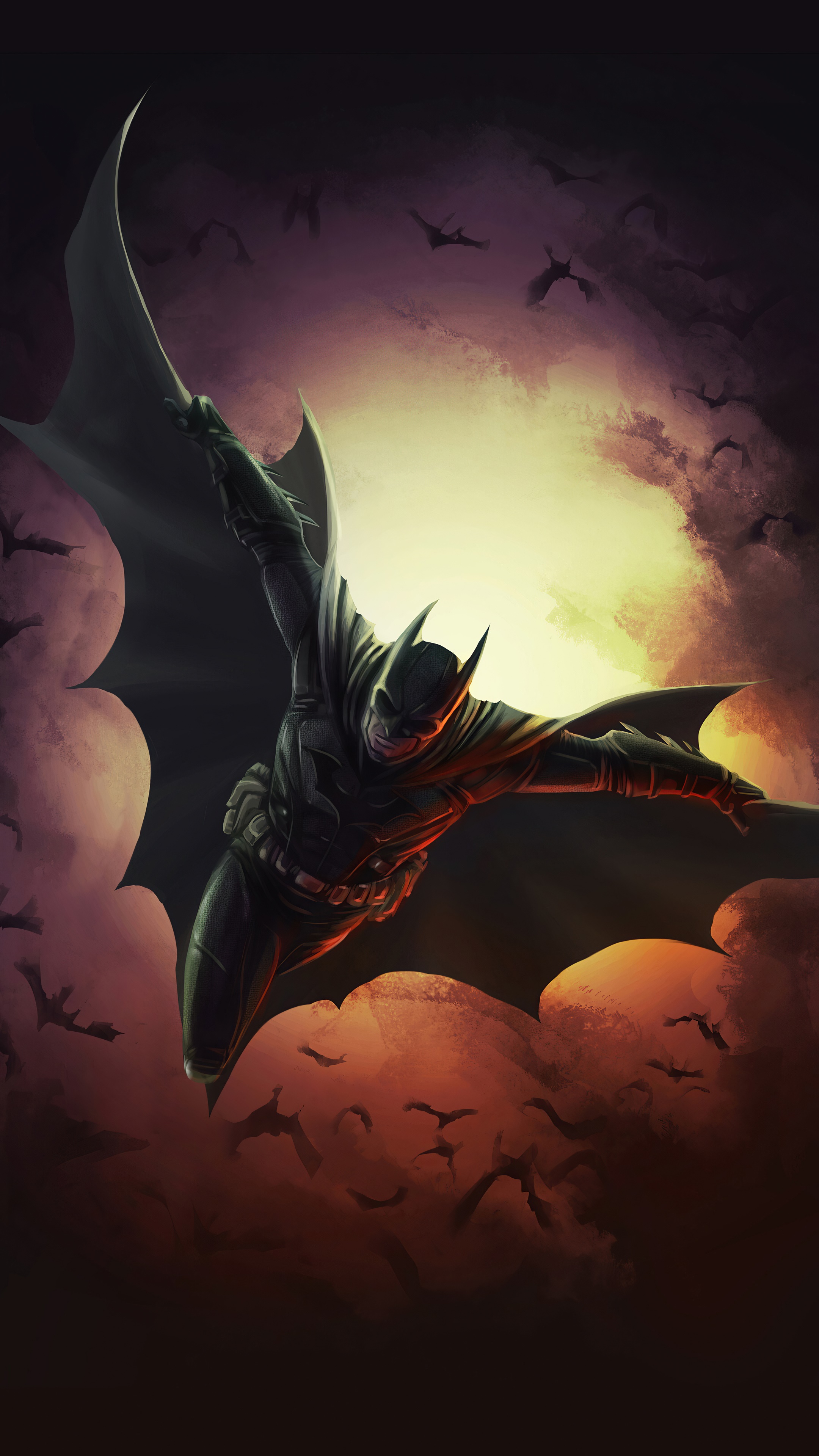 Batman flying through clouds with bats HD Phone Wallpaper
