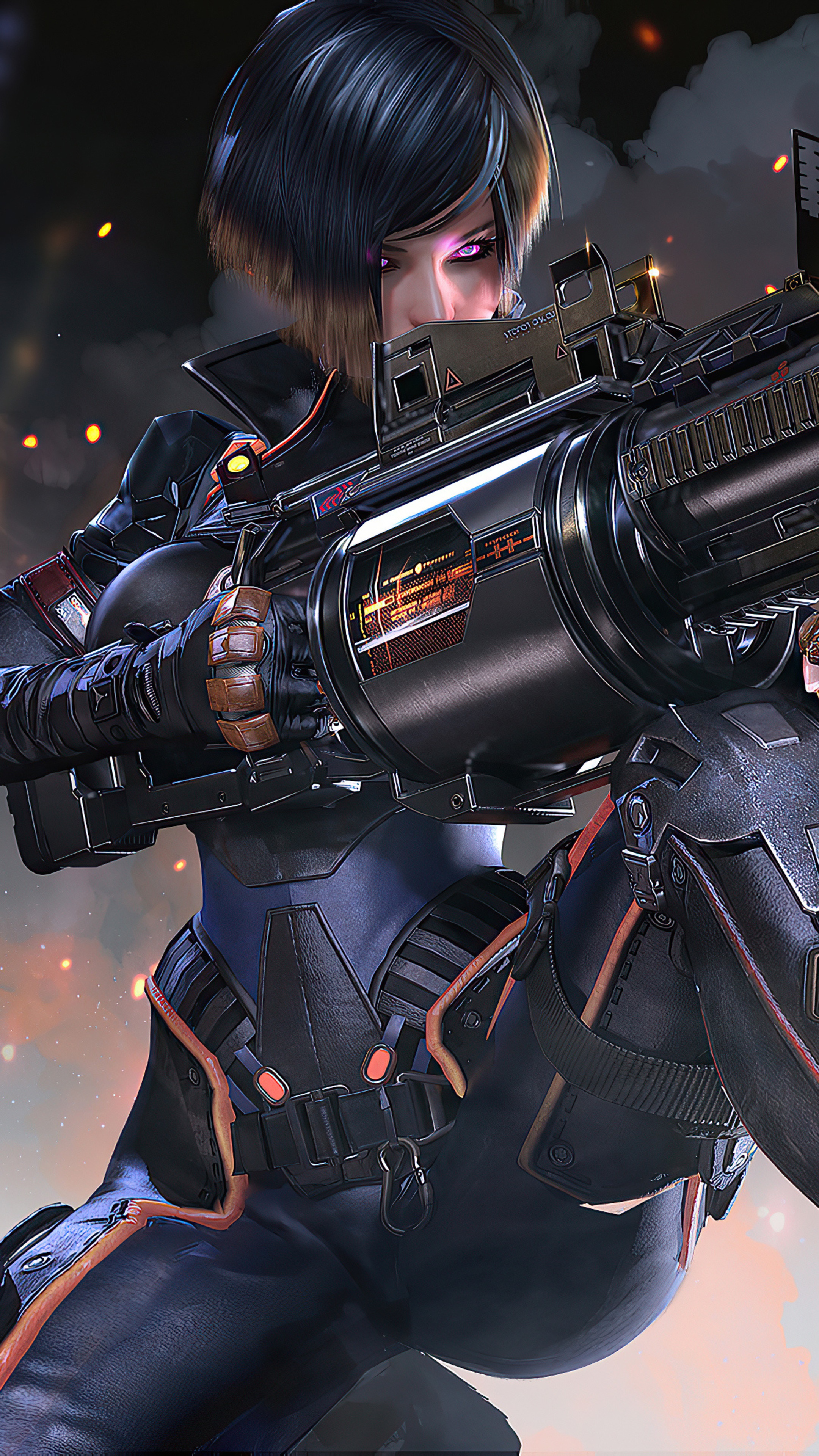 Artwork of a female soldier with a large weapon HD Phone Wallpaper