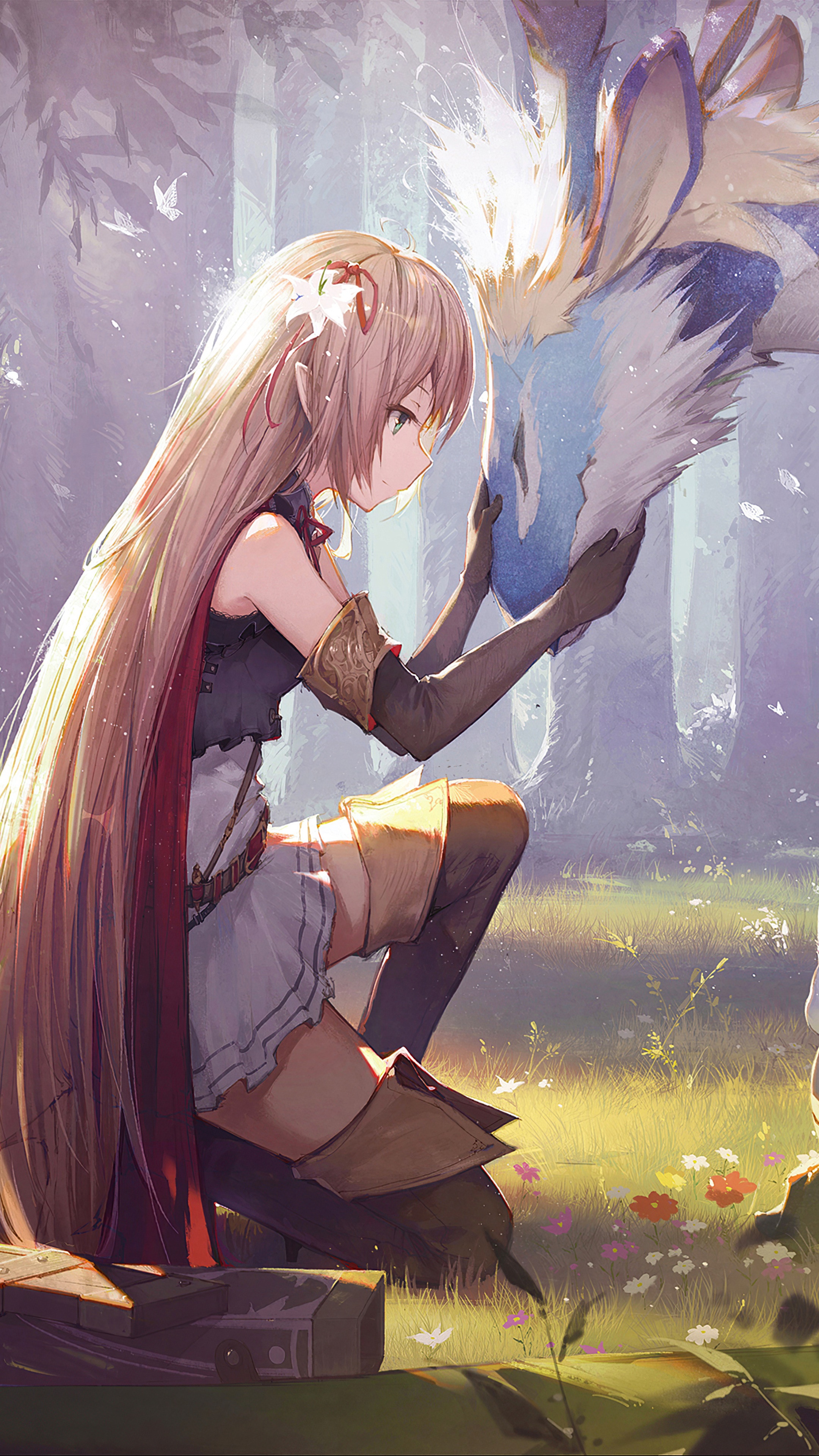 Anime girl with blonde hair and a dragon in a forest HD Phone Wallpaper