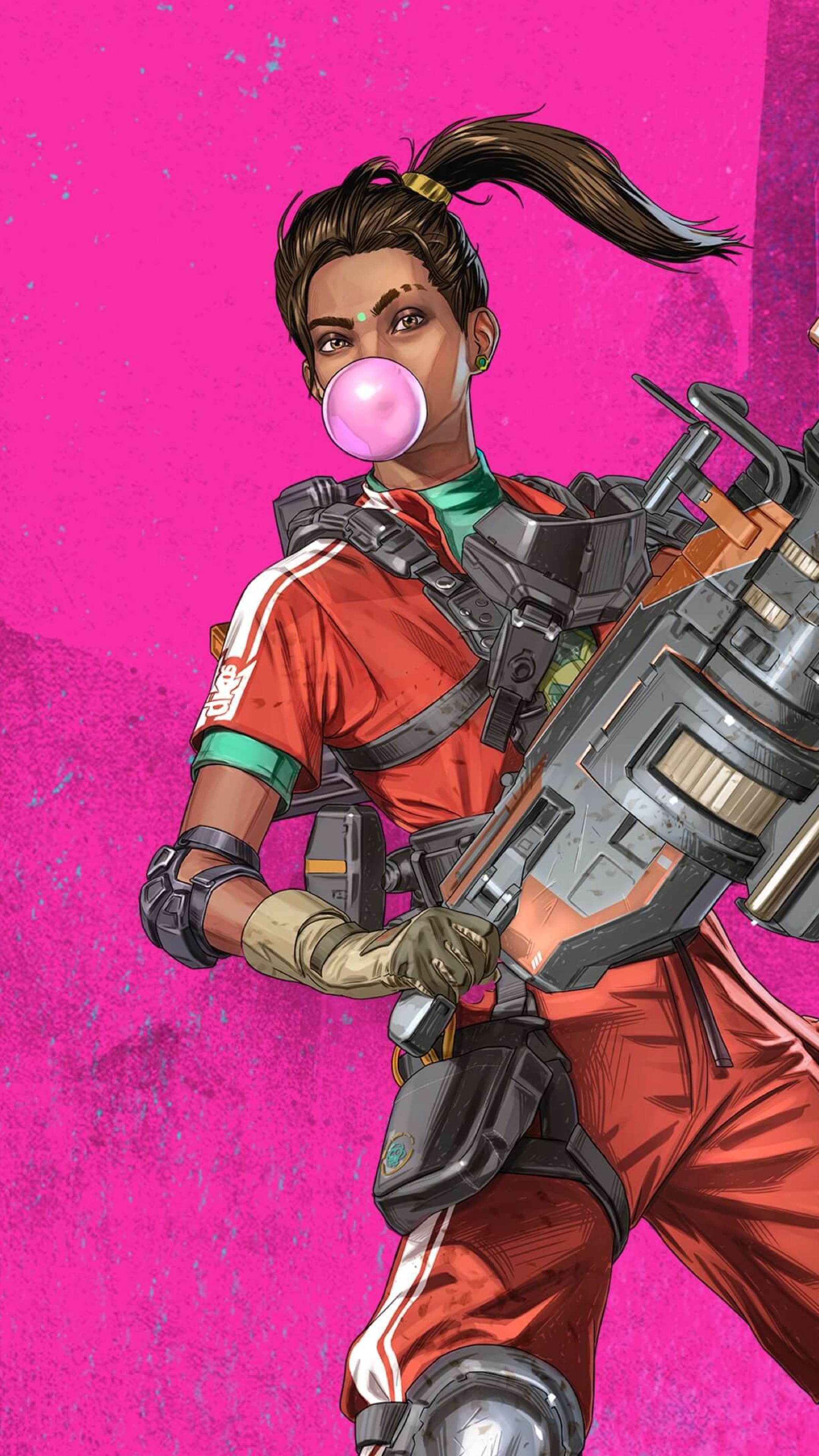 Rampart from Apex Legends with a large weapon HD Phone Wallpaper