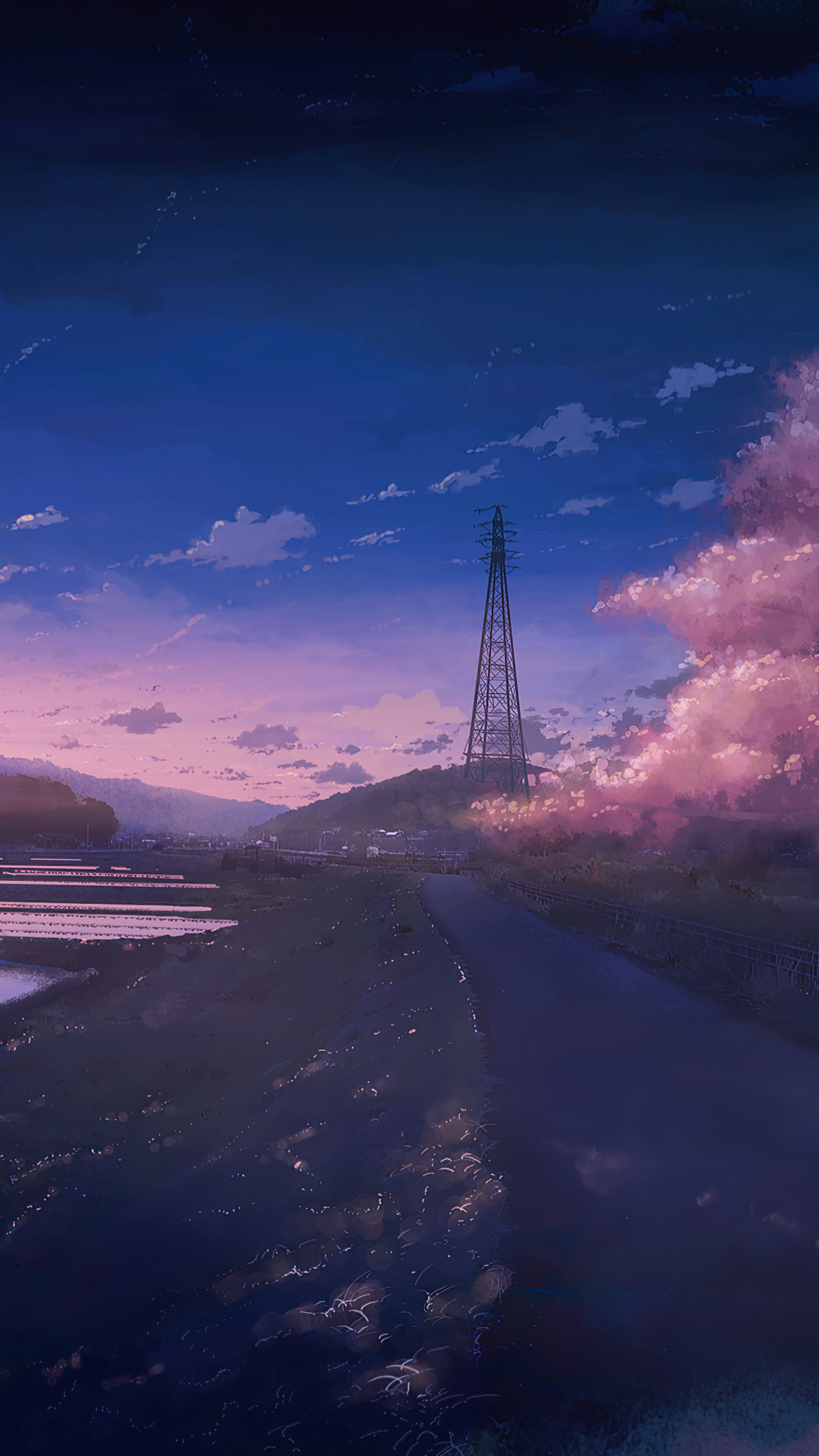 Anime landscape with power tower at sunset HD Phone Wallpaper
