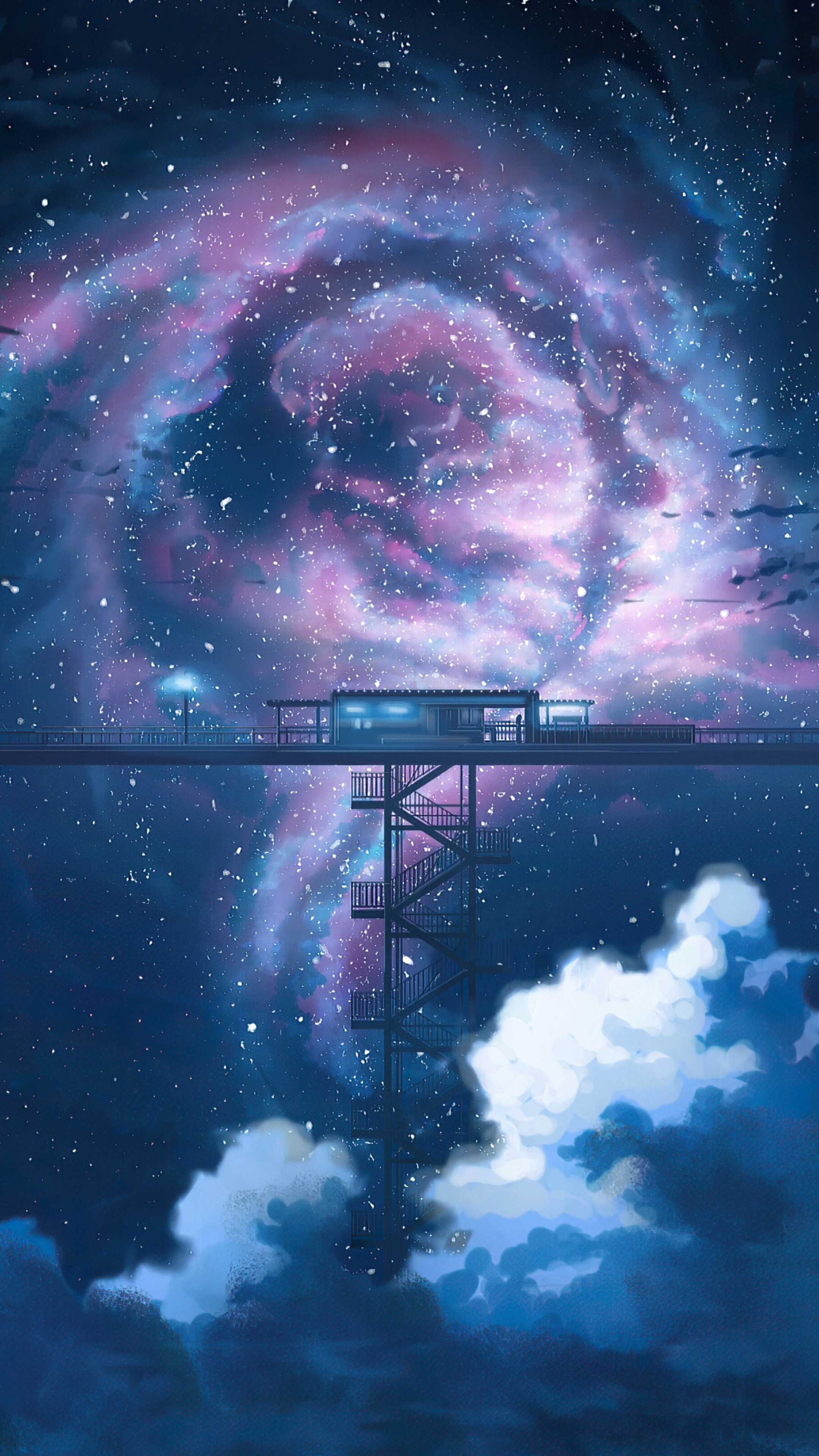 Fantasy artwork of a galaxy and a train station HD Phone Wallpaper