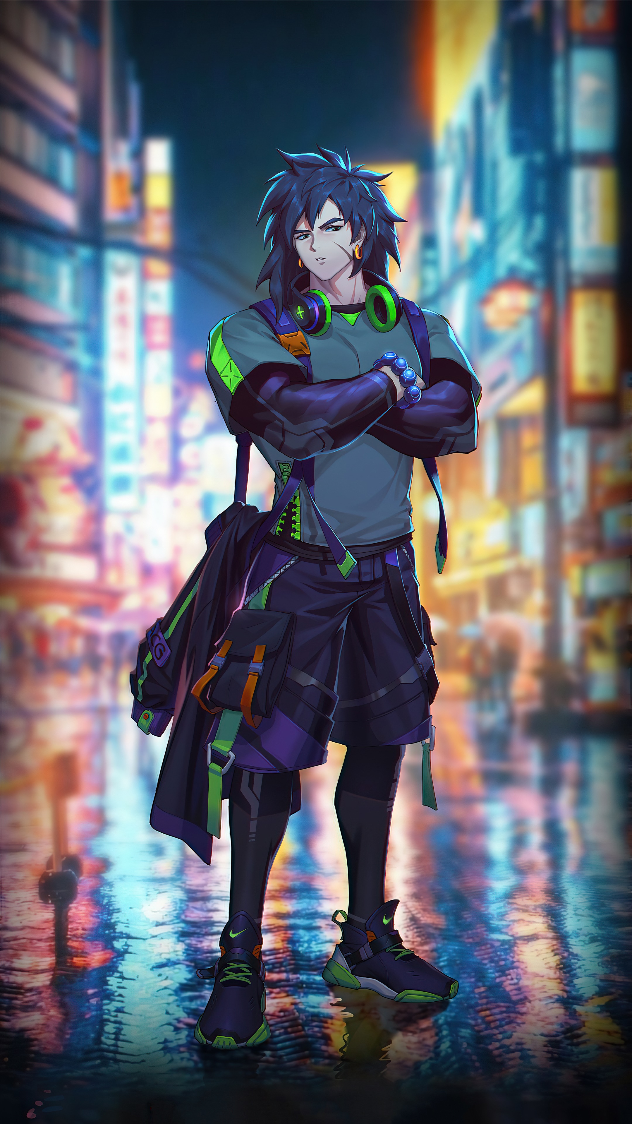 Anime character with headphones and backpack in city HD Phone Wallpaper
