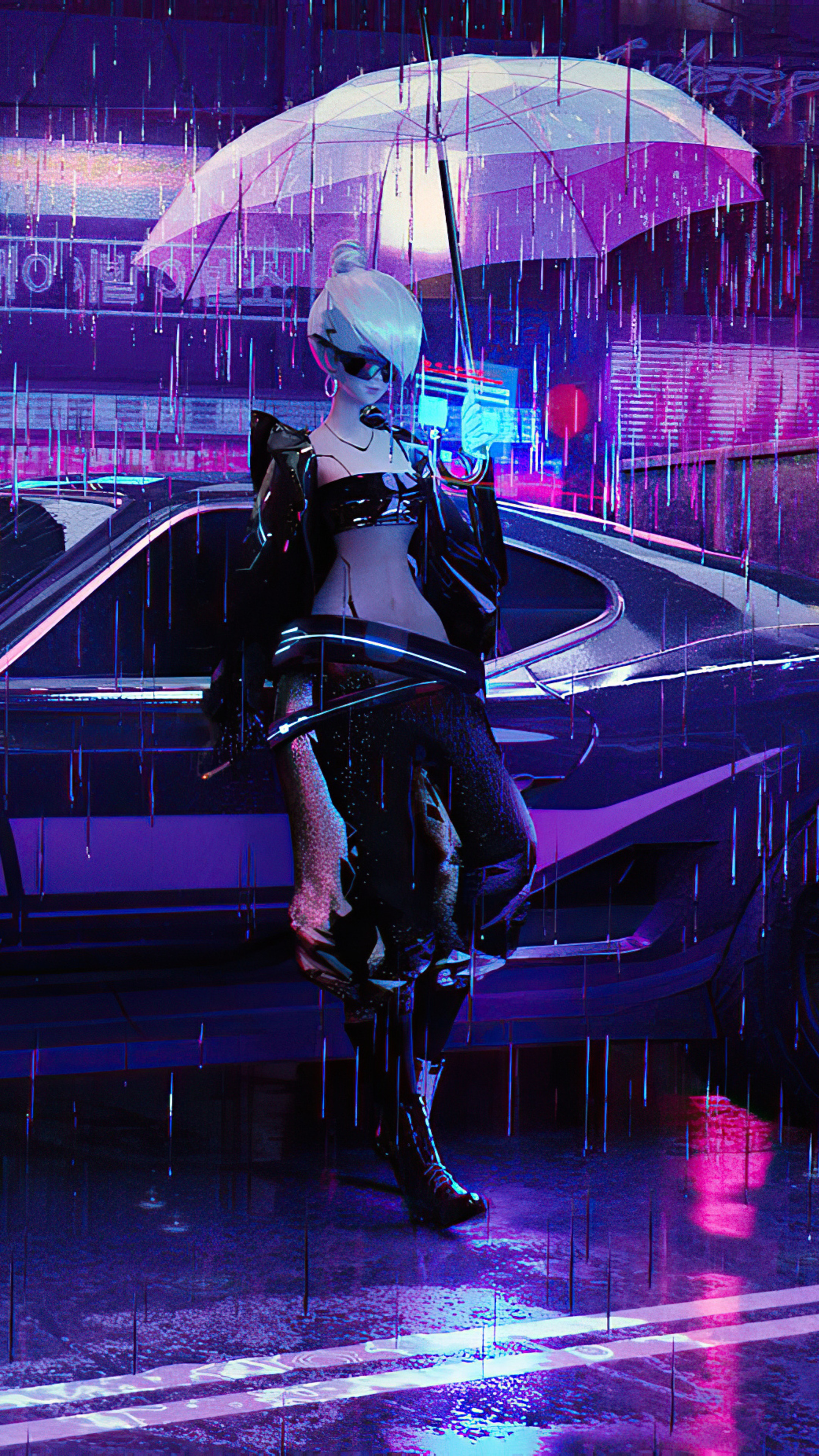 Cyberpunk woman with umbrella in the rain HD Phone Wallpaper