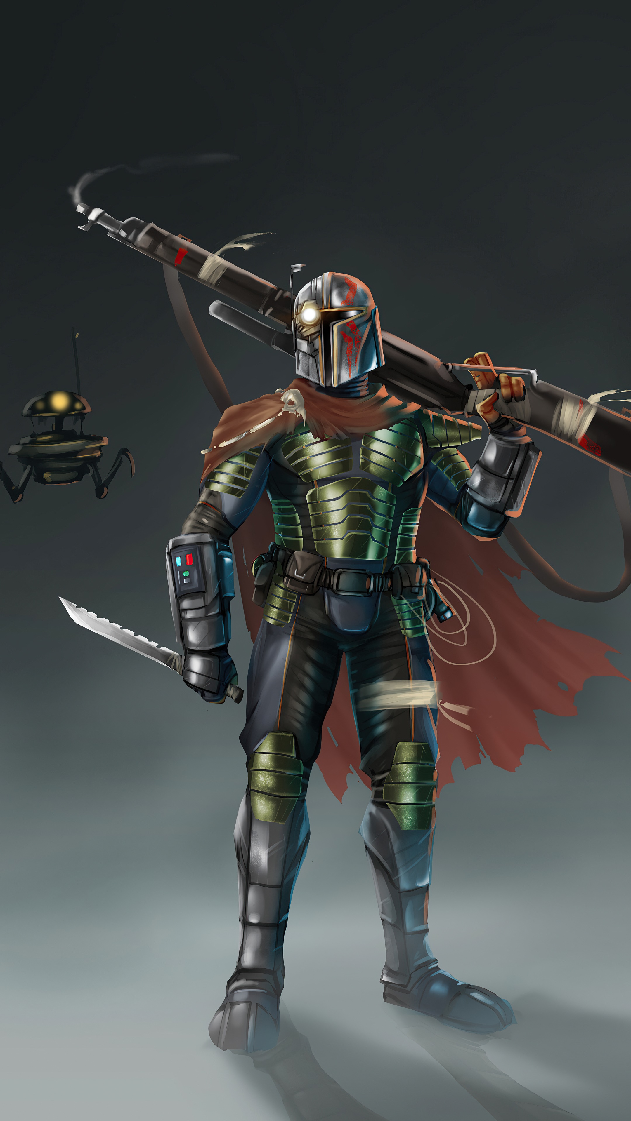 The Mandalorian with a droid from Star Wars artwork HD Phone Wallpaper