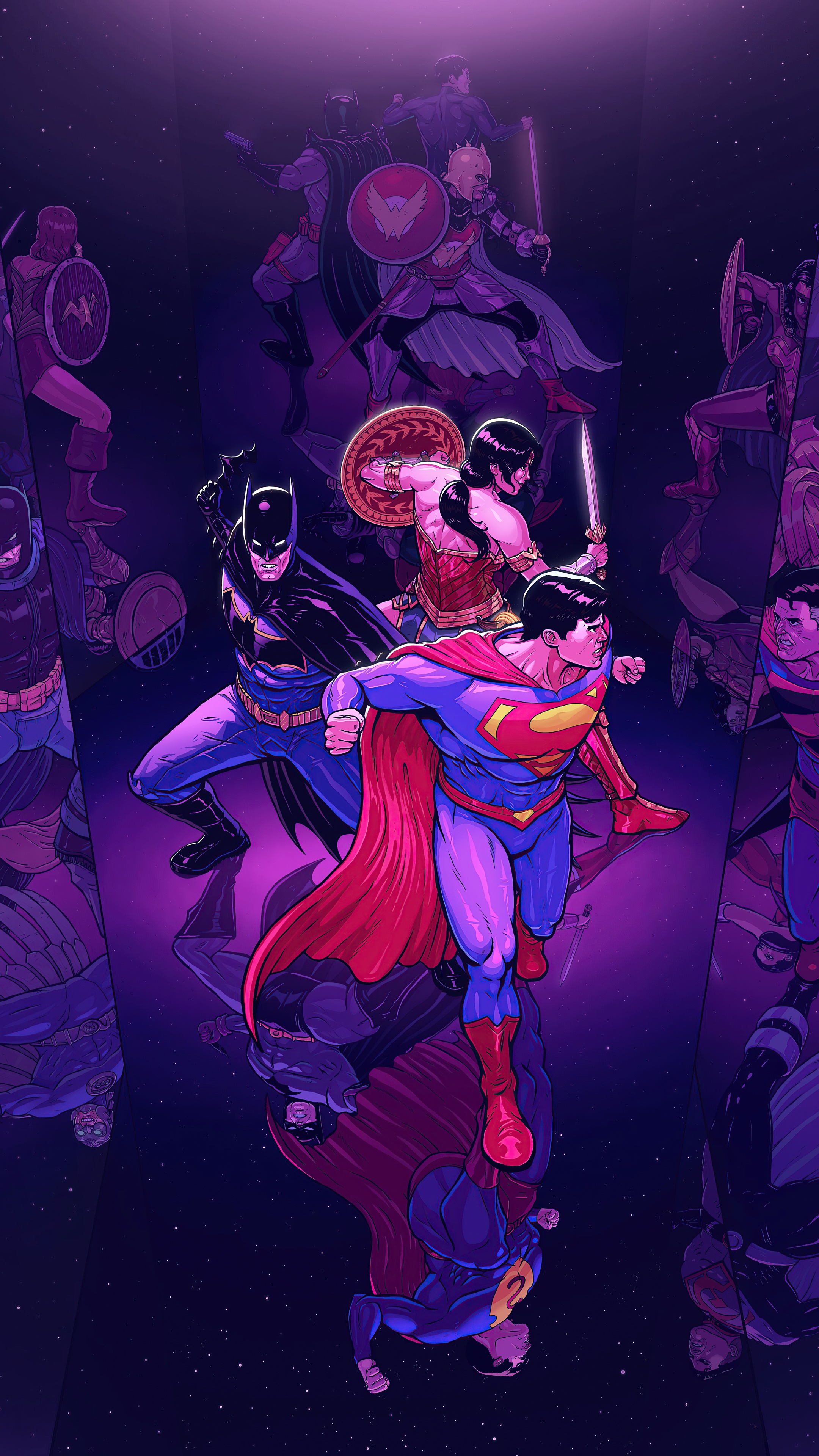 Superman, Batman, and Wonder Woman artwork 4K HD Phone Wallpaper