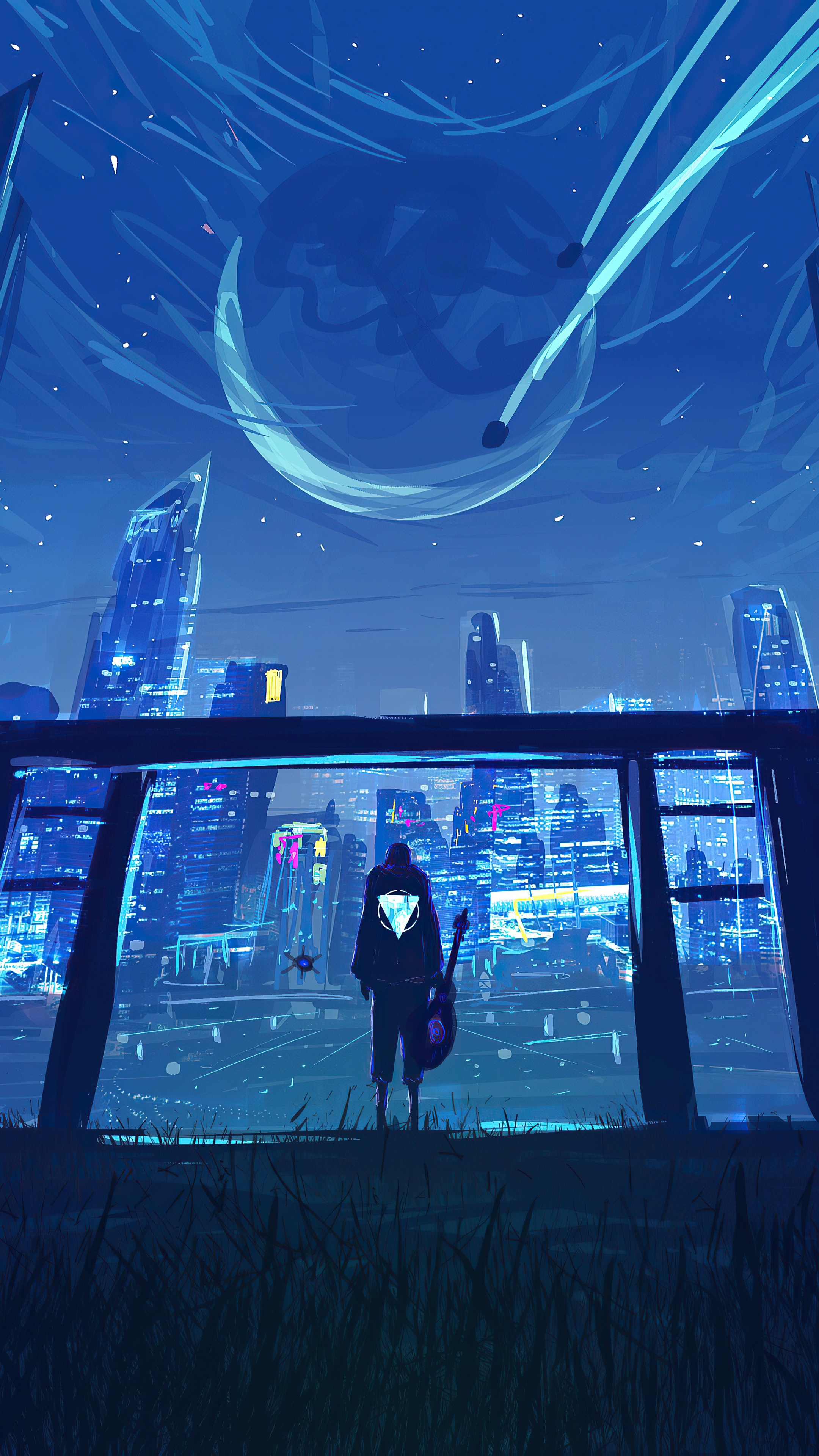 Person with guitar in futuristic city at night HD Phone Wallpaper