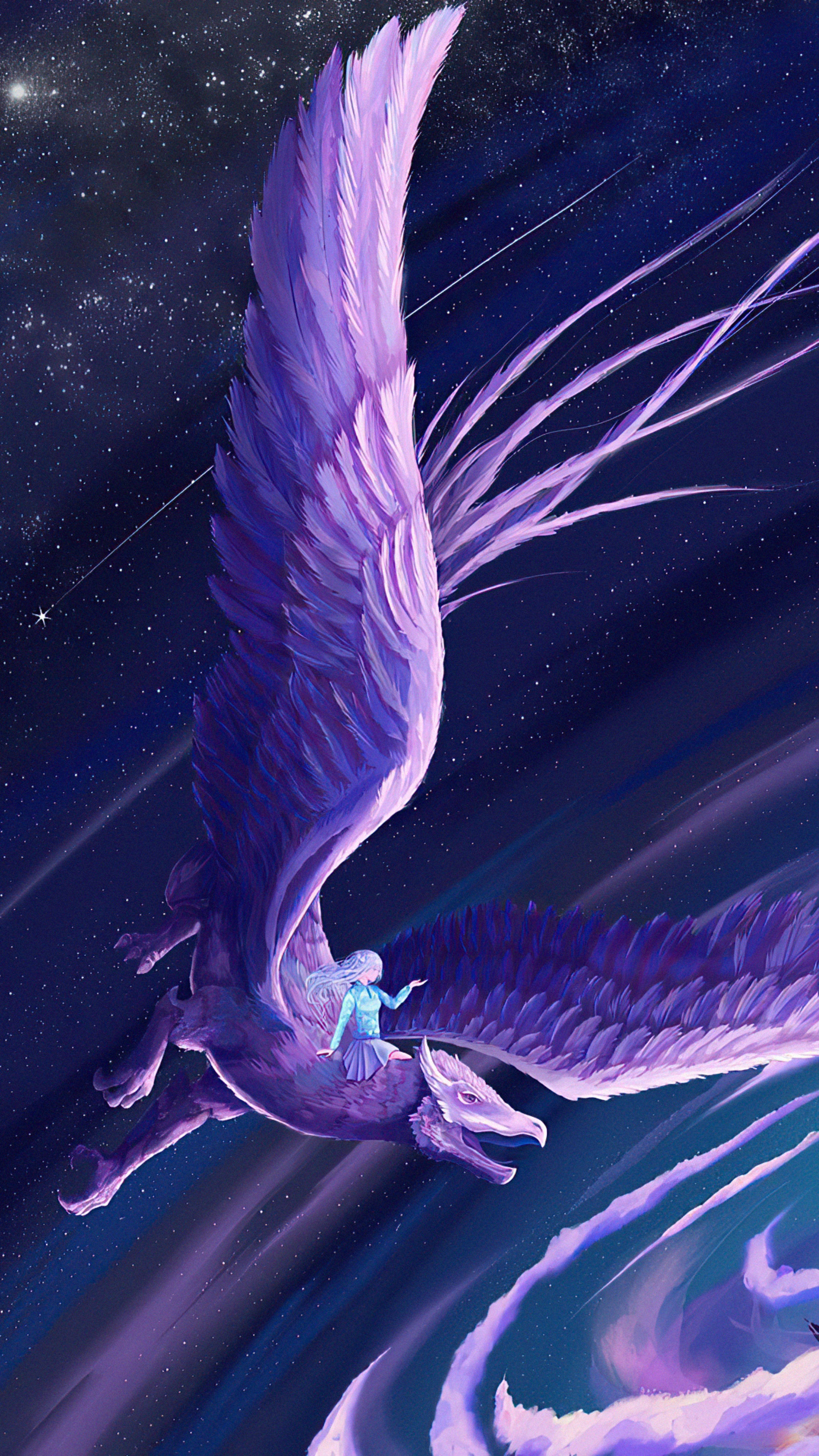 Girl riding a purple dragon in the night sky HD Phone Wallpaper