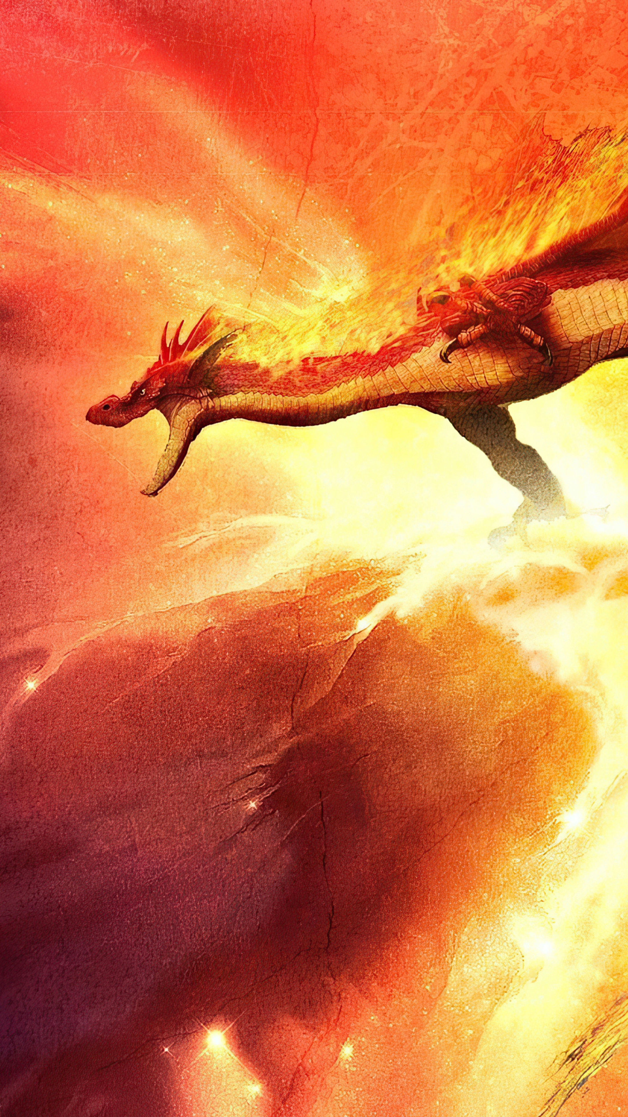 Dragon engulfed in flames, digital art 4K HD Phone Wallpaper