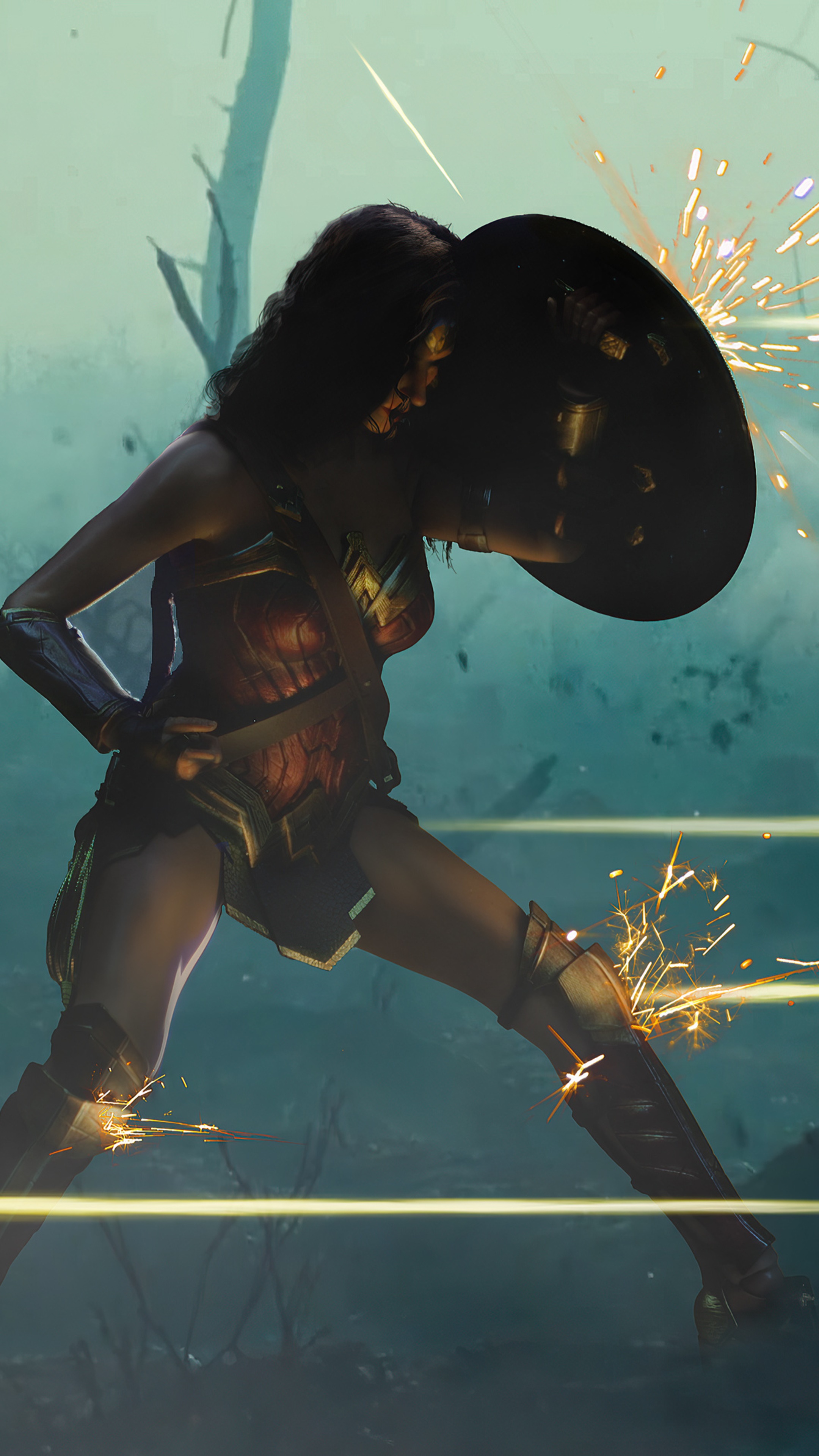 Wonder Woman in battle with sparks flying HD Phone Wallpaper