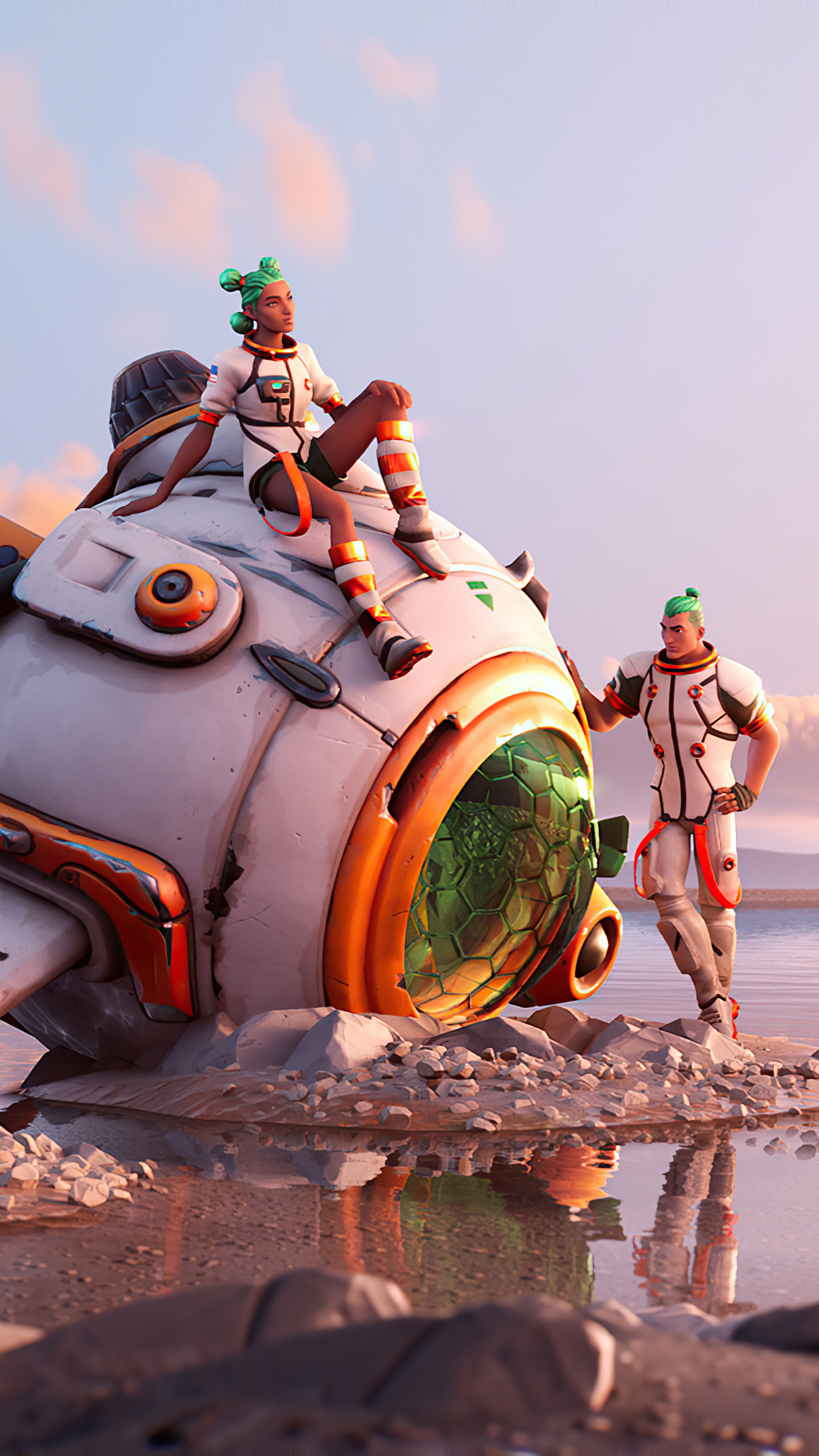 Fortnite characters with a fish-shaped vehicle on a beach HD Phone Wallpaper