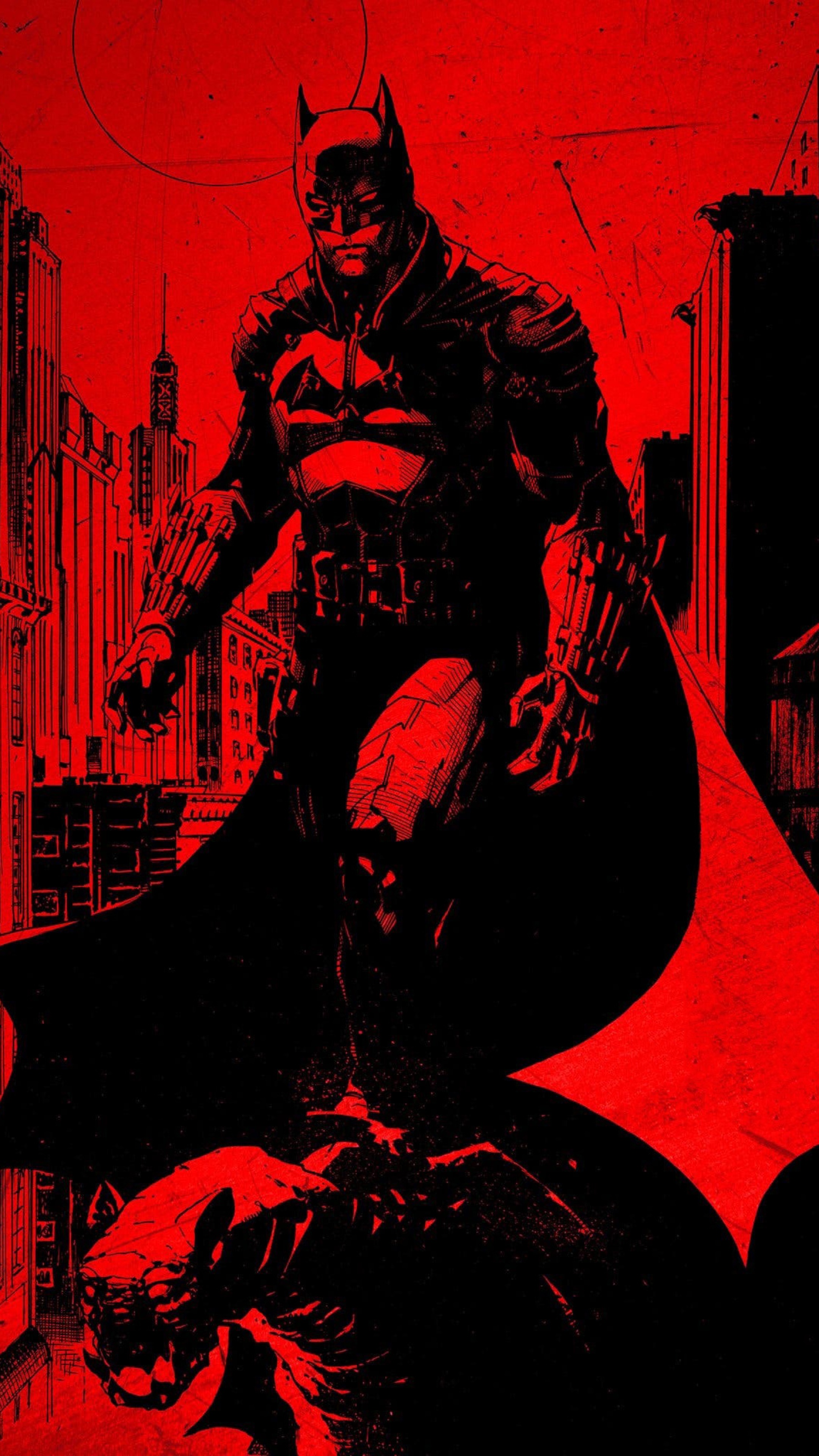 Batman standing over a creature in a red city HD Phone Wallpaper