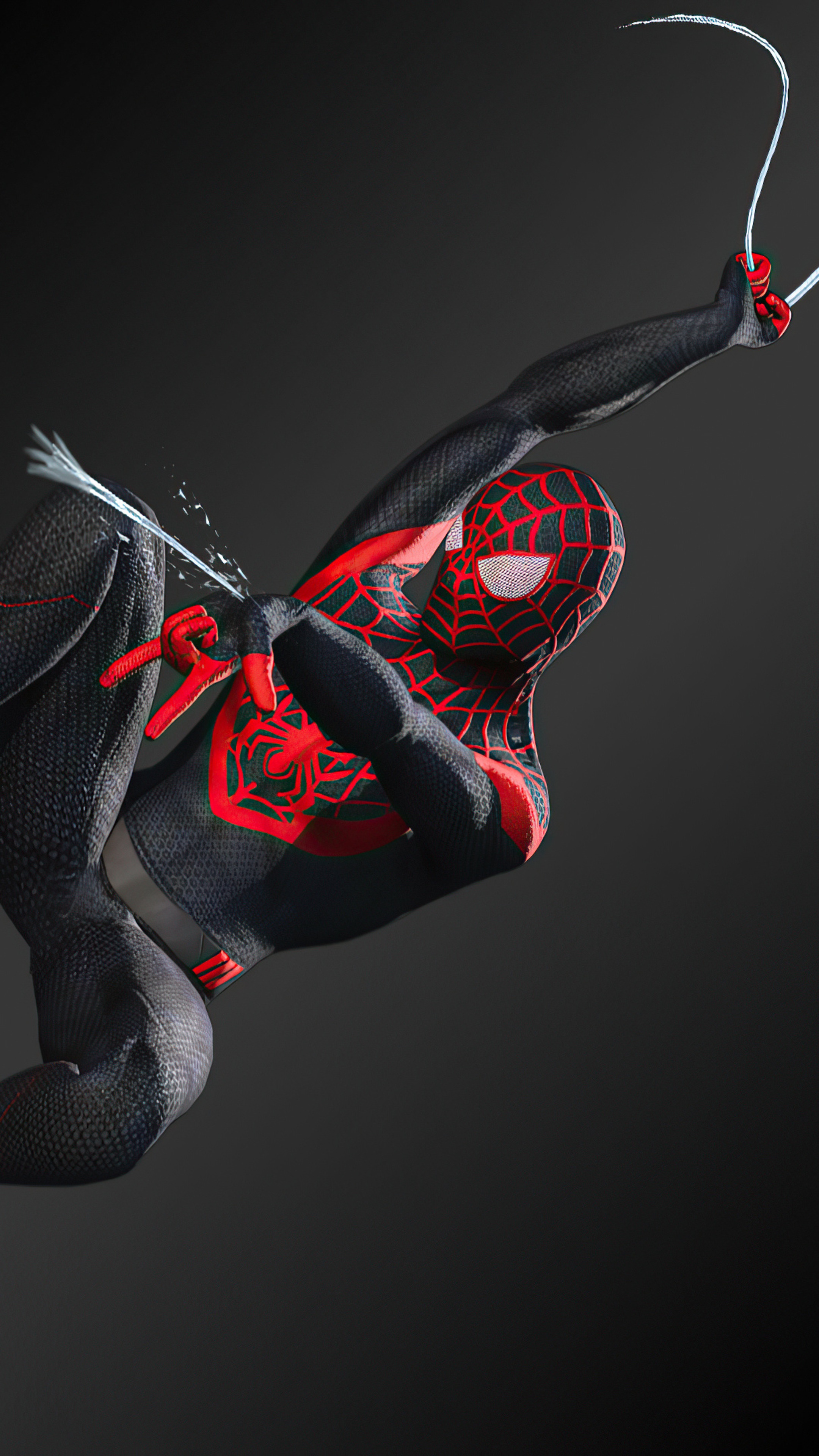 Miles Morales Spider-Man swinging with webs HD Phone Wallpaper