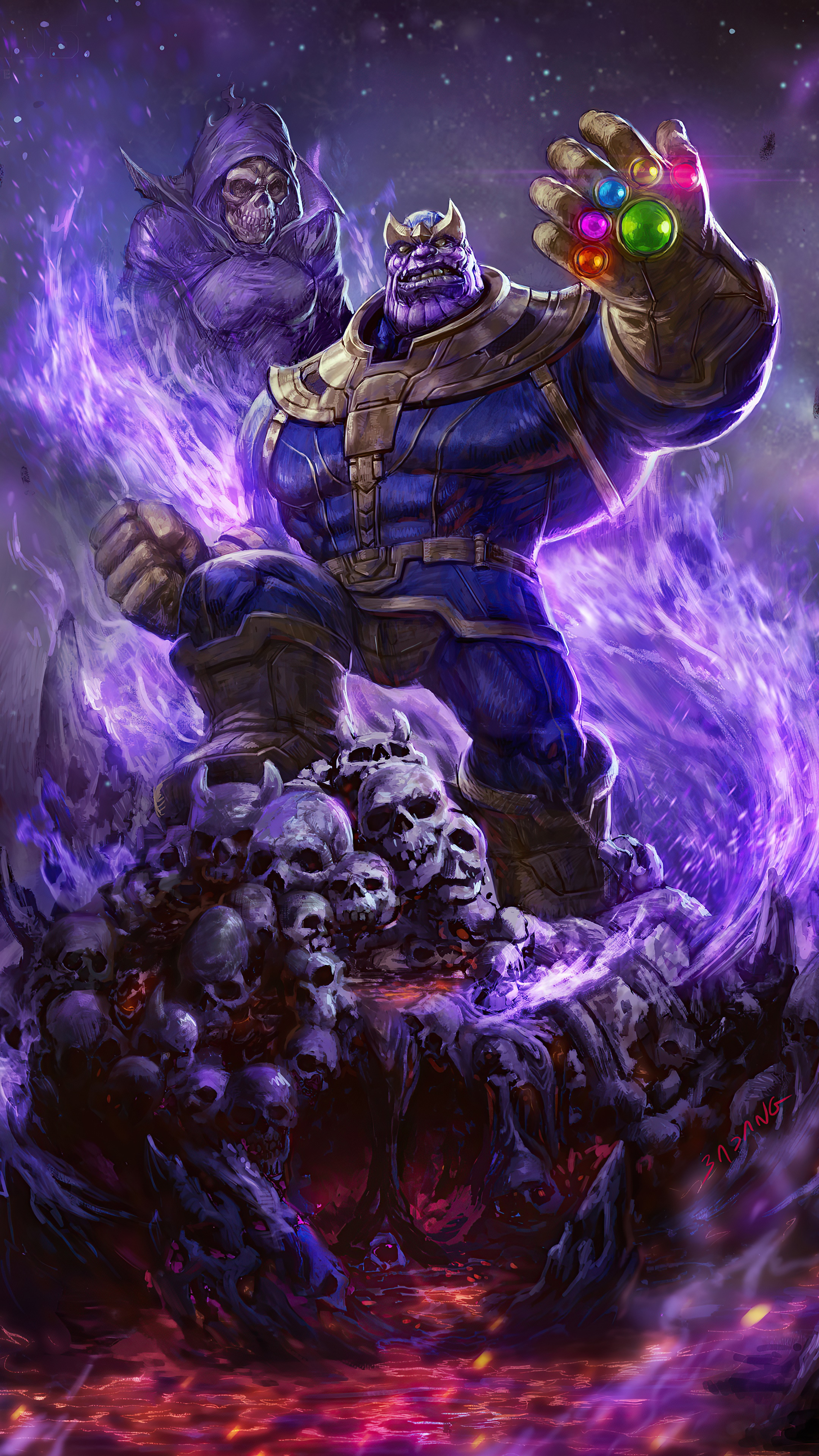 Thanos with Infinity Gauntlet and Death from Marvel artwork HD Phone Wallpaper
