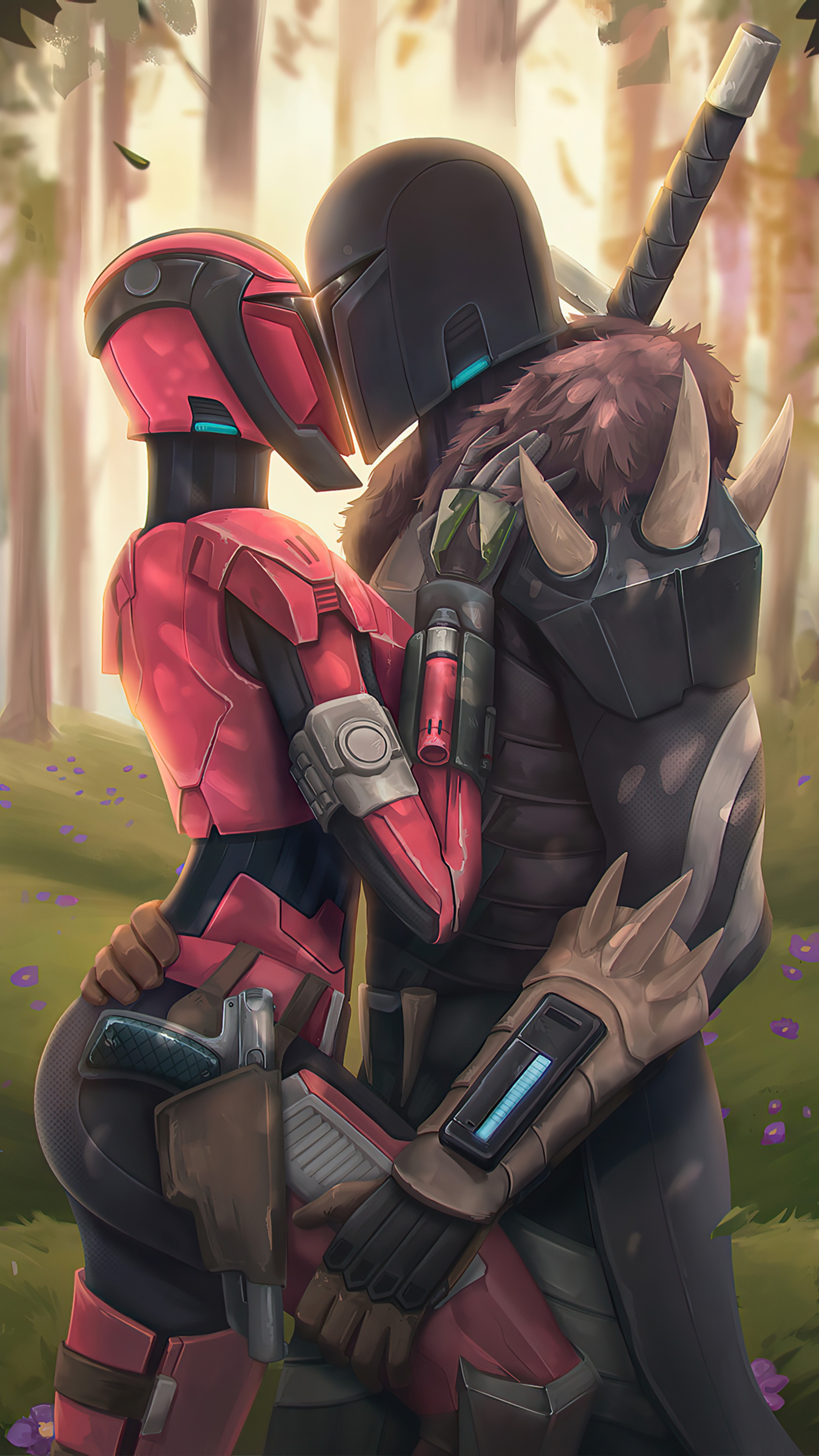Mandalorian couple kissing in a forest HD Phone Wallpaper