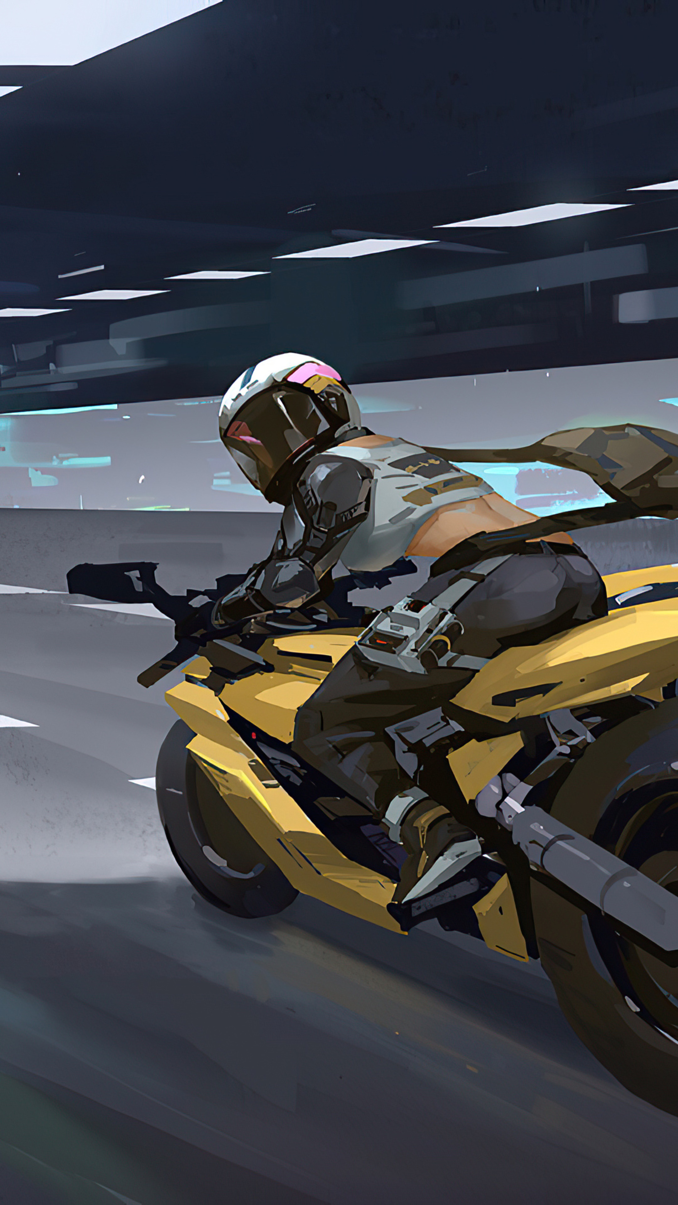 Cyberpunk woman riding a yellow motorcycle HD Phone Wallpaper