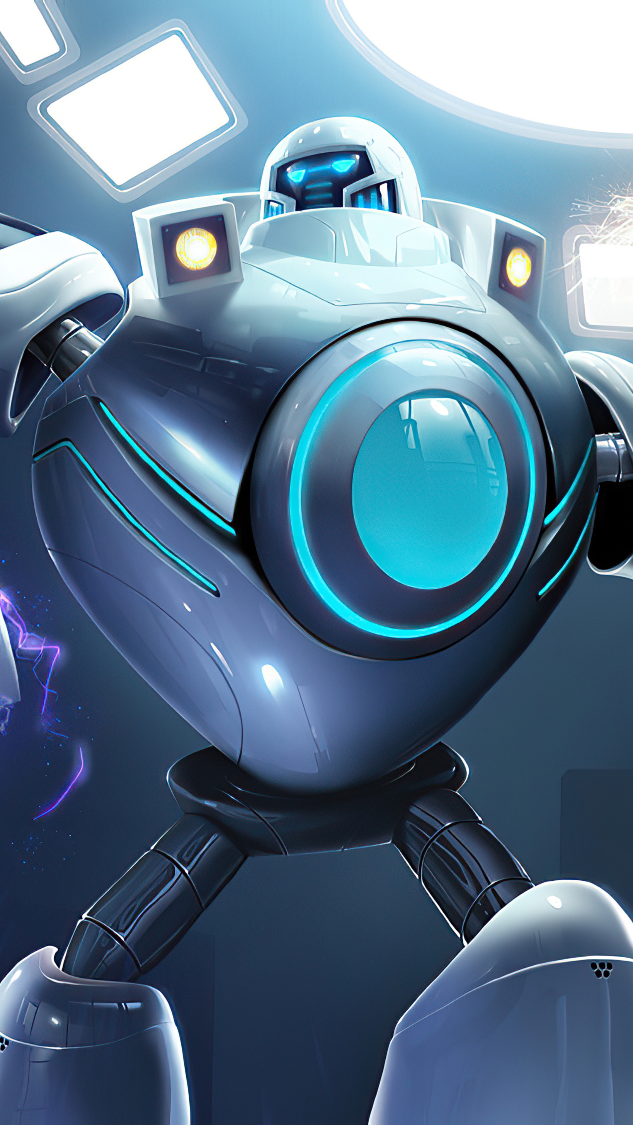 Robot with glowing blue eye and lights HD Phone Wallpaper
