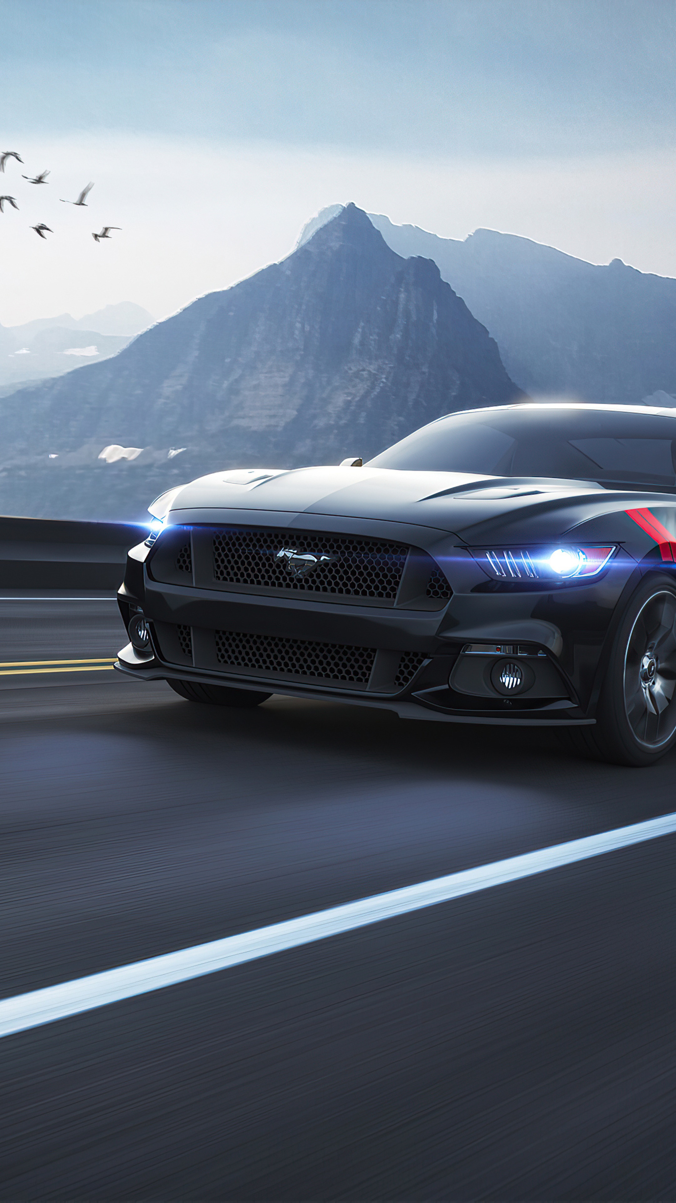Black Ford Mustang driving on a mountain road HD Phone Wallpaper