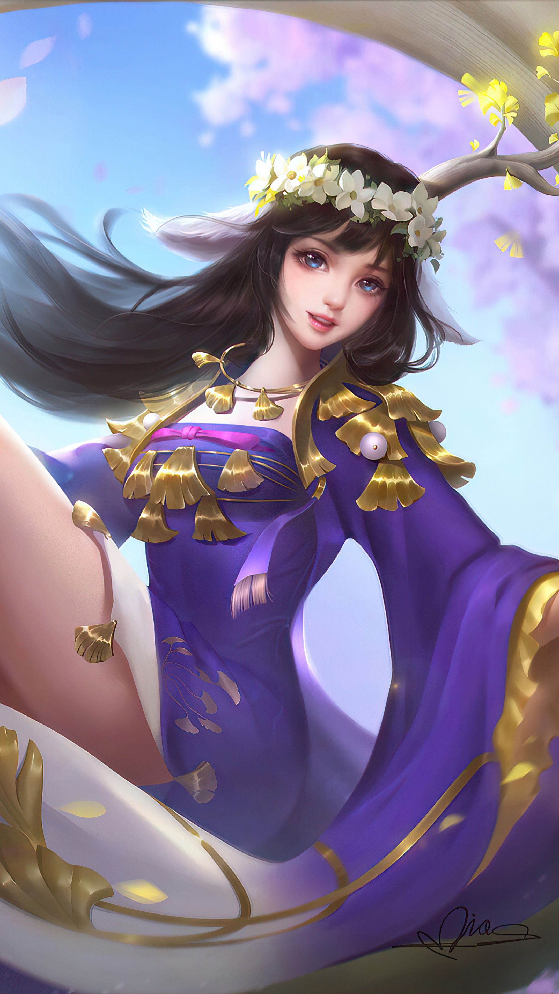 Artwork of a woman with flowers in her hair HD Phone Wallpaper