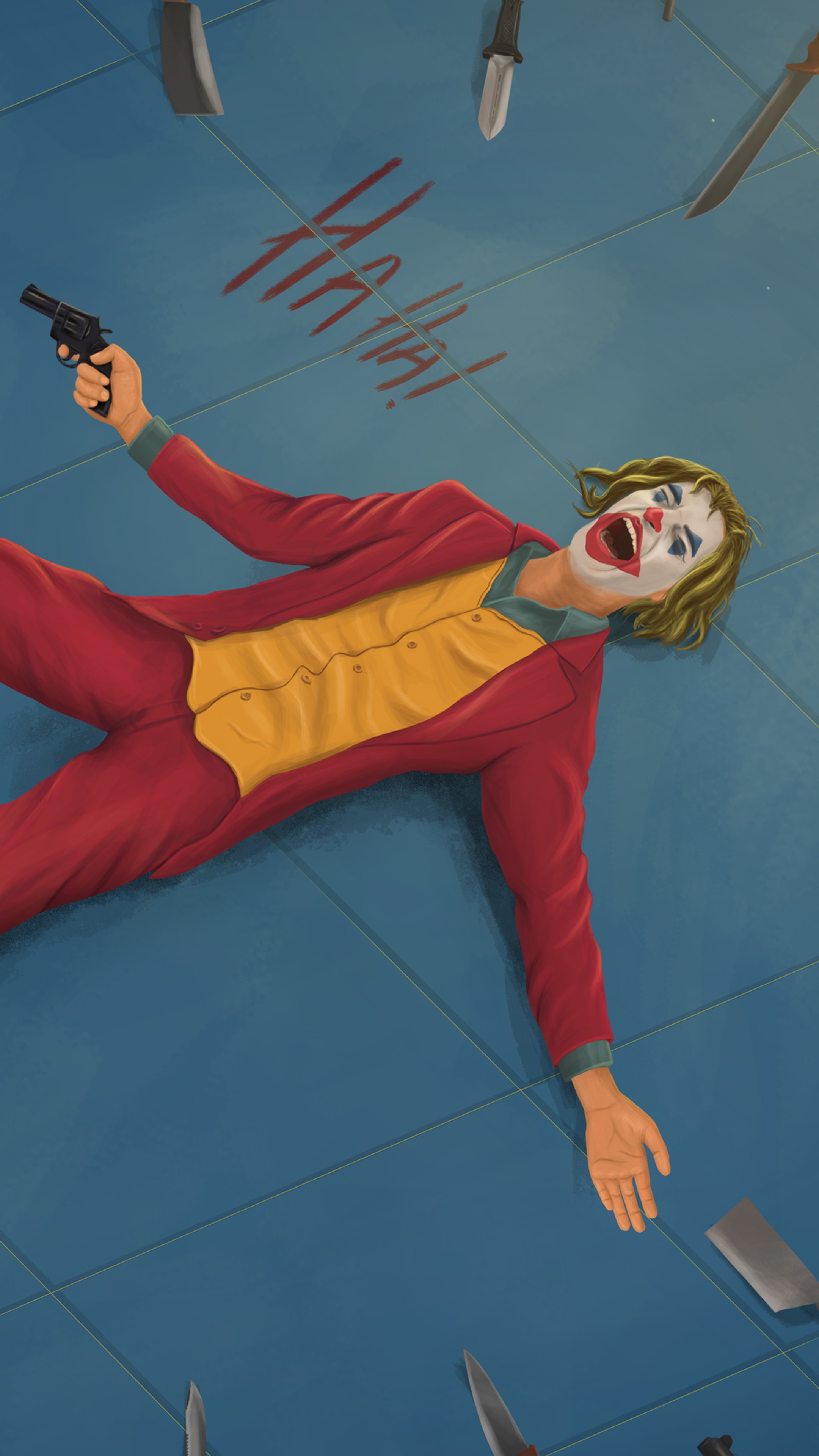 Joker lying on the floor with a gun and knives HD Phone Wallpaper