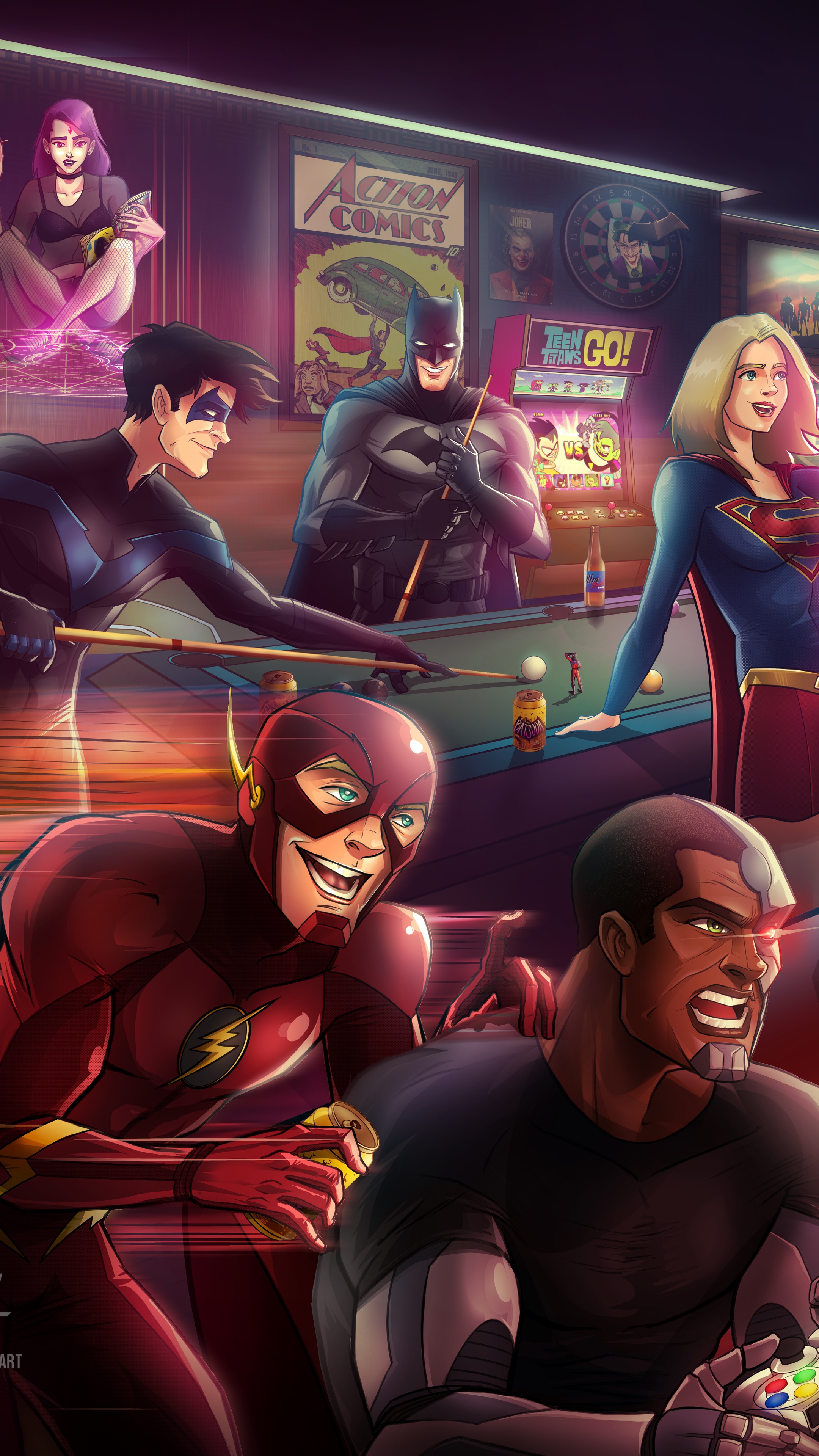 DC Comics superheroes playing pool and video games HD Phone Wallpaper