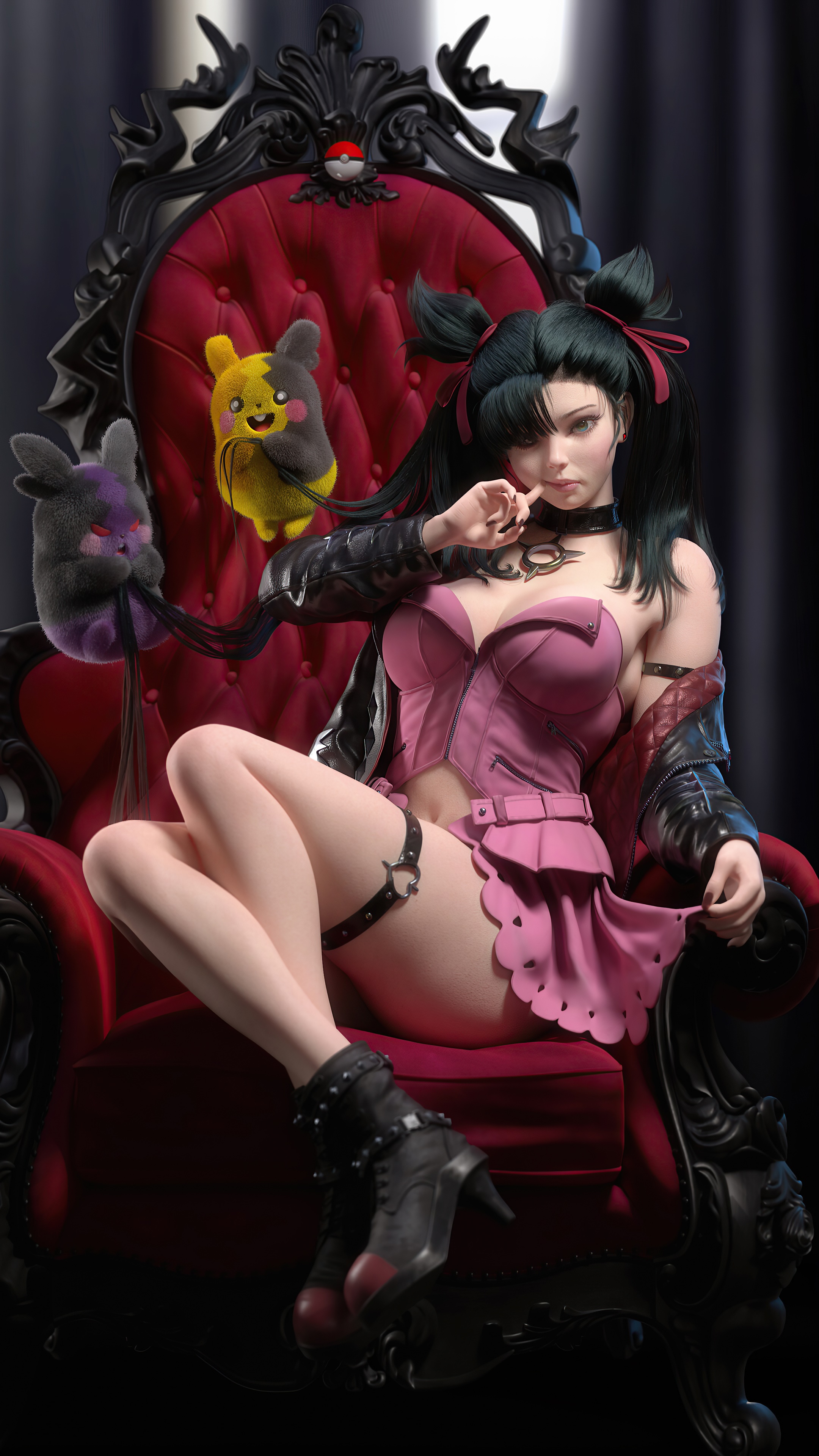 Marnie from Pokemon sitting on a throne with Pokemon plushies HD Phone Wallpaper