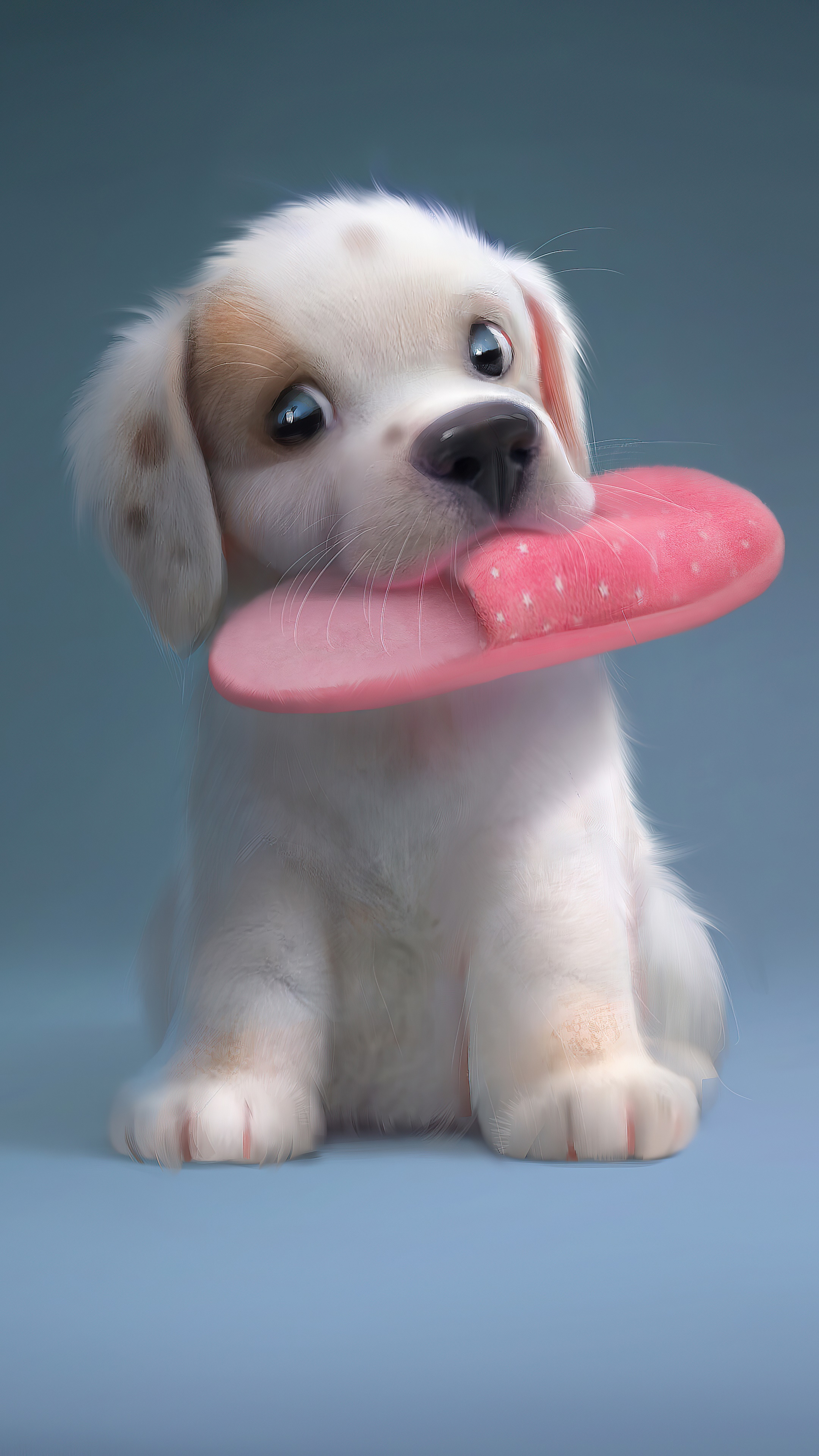Cute puppy holding a pink slipper HD Phone Wallpaper