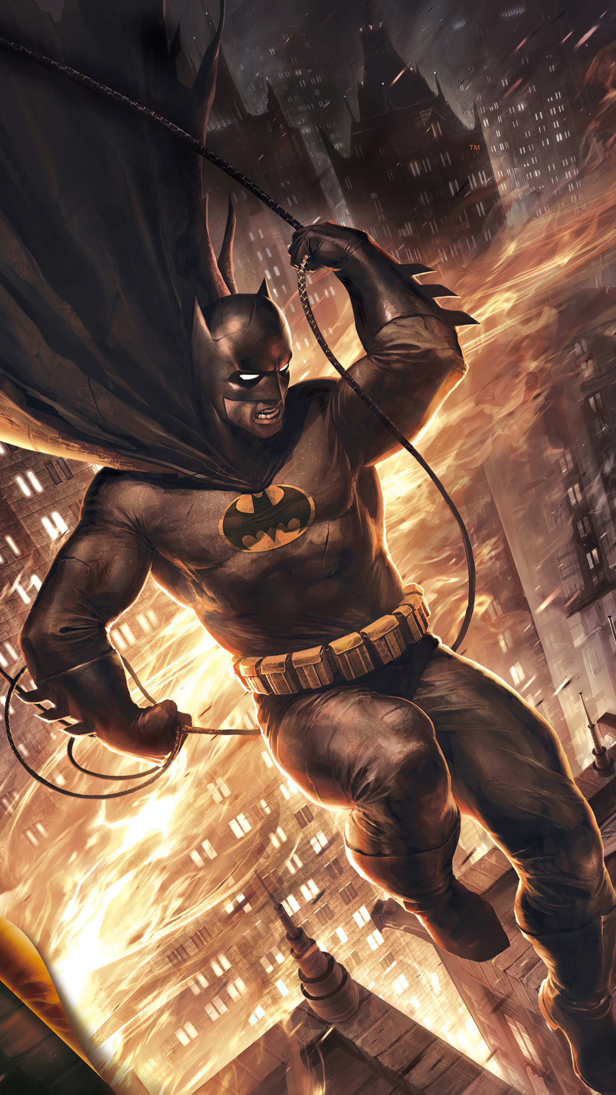 Batman swinging with a Batarang in a burning city HD Phone Wallpaper