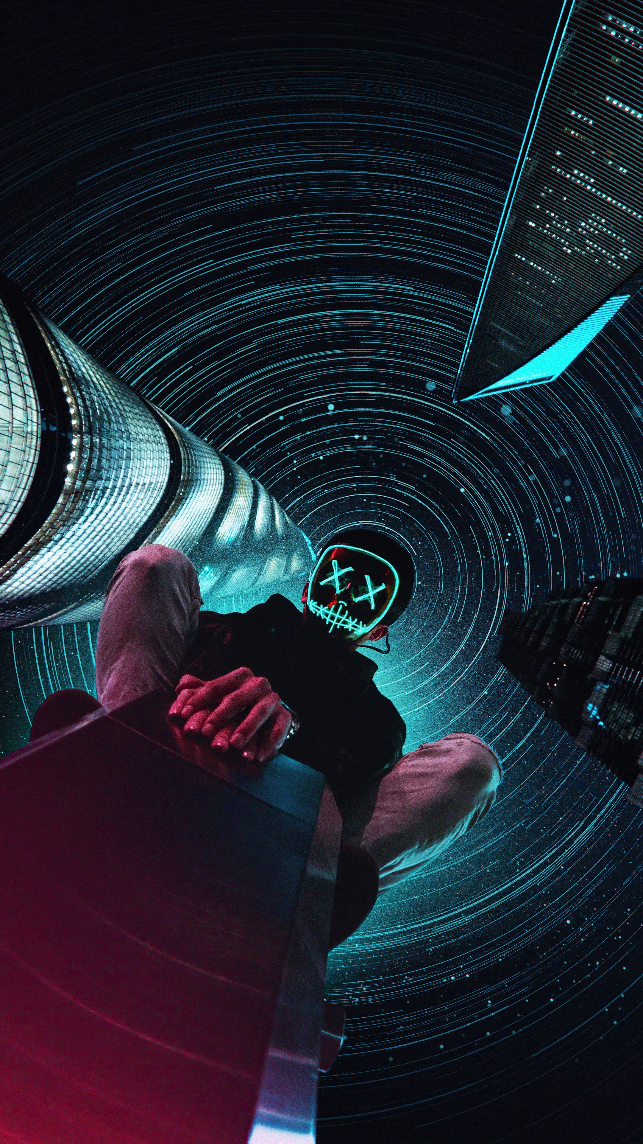 Man in neon mask against futuristic cityscape HD Phone Wallpaper