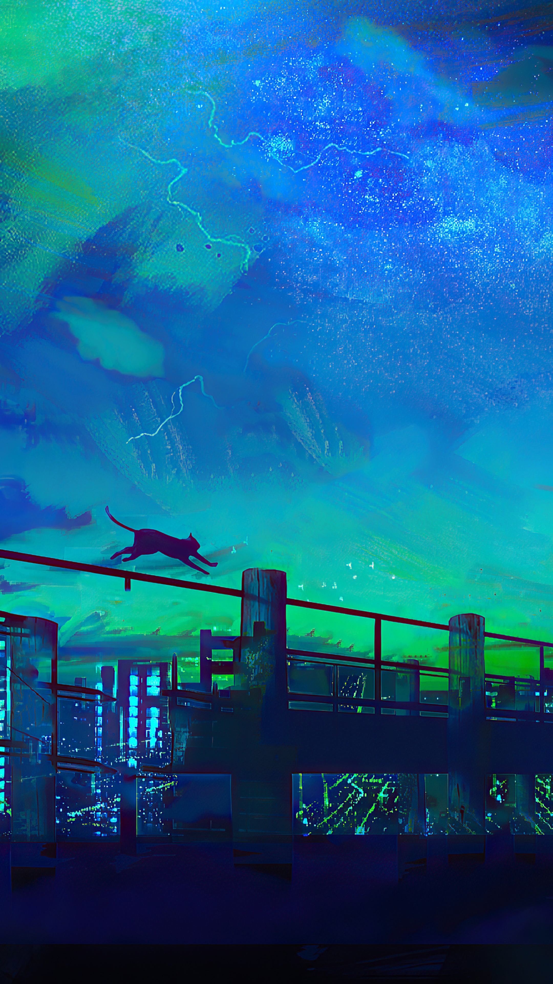 Black cat running on a railing above a city at night HD Phone Wallpaper