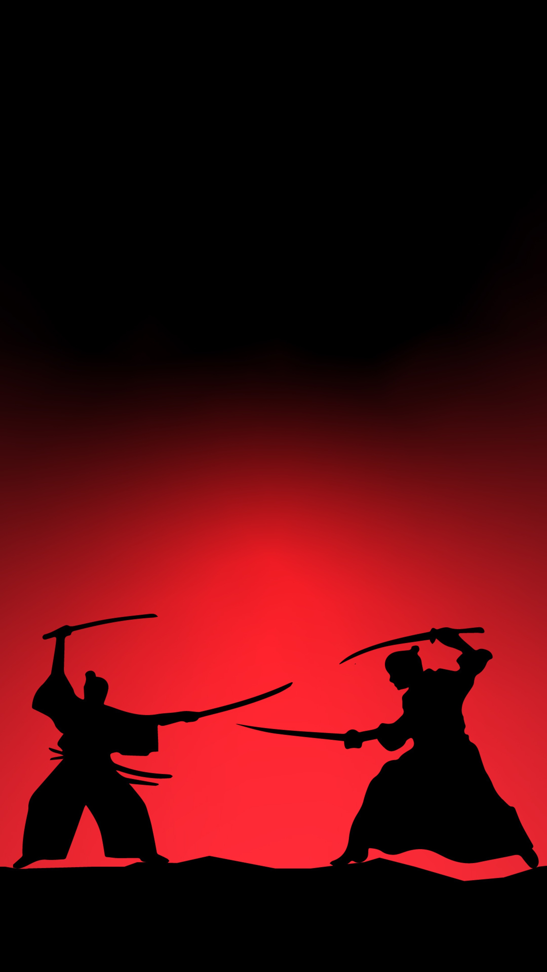 Two samurai silhouettes fighting with swords HD Phone Wallpaper