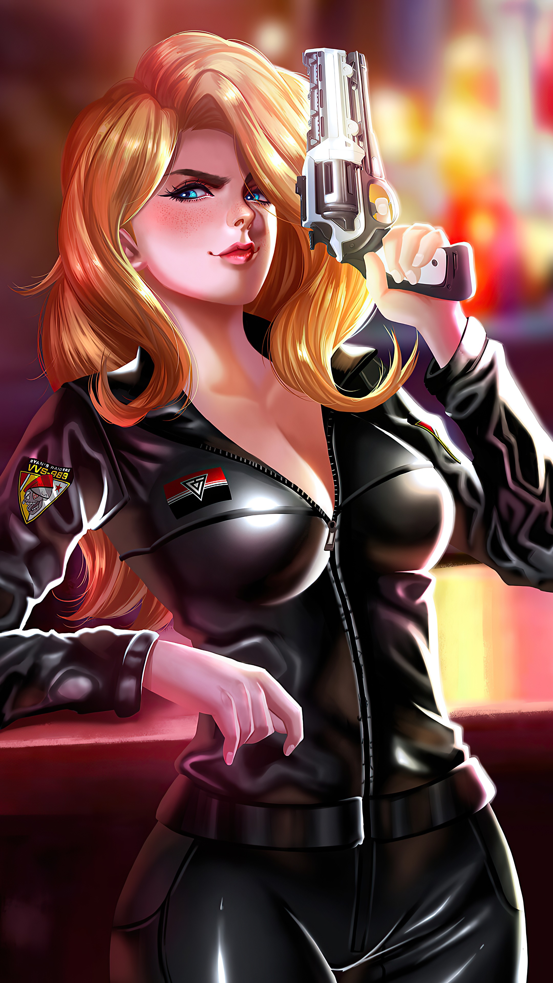 Woman in black leather holding a gun HD Phone Wallpaper