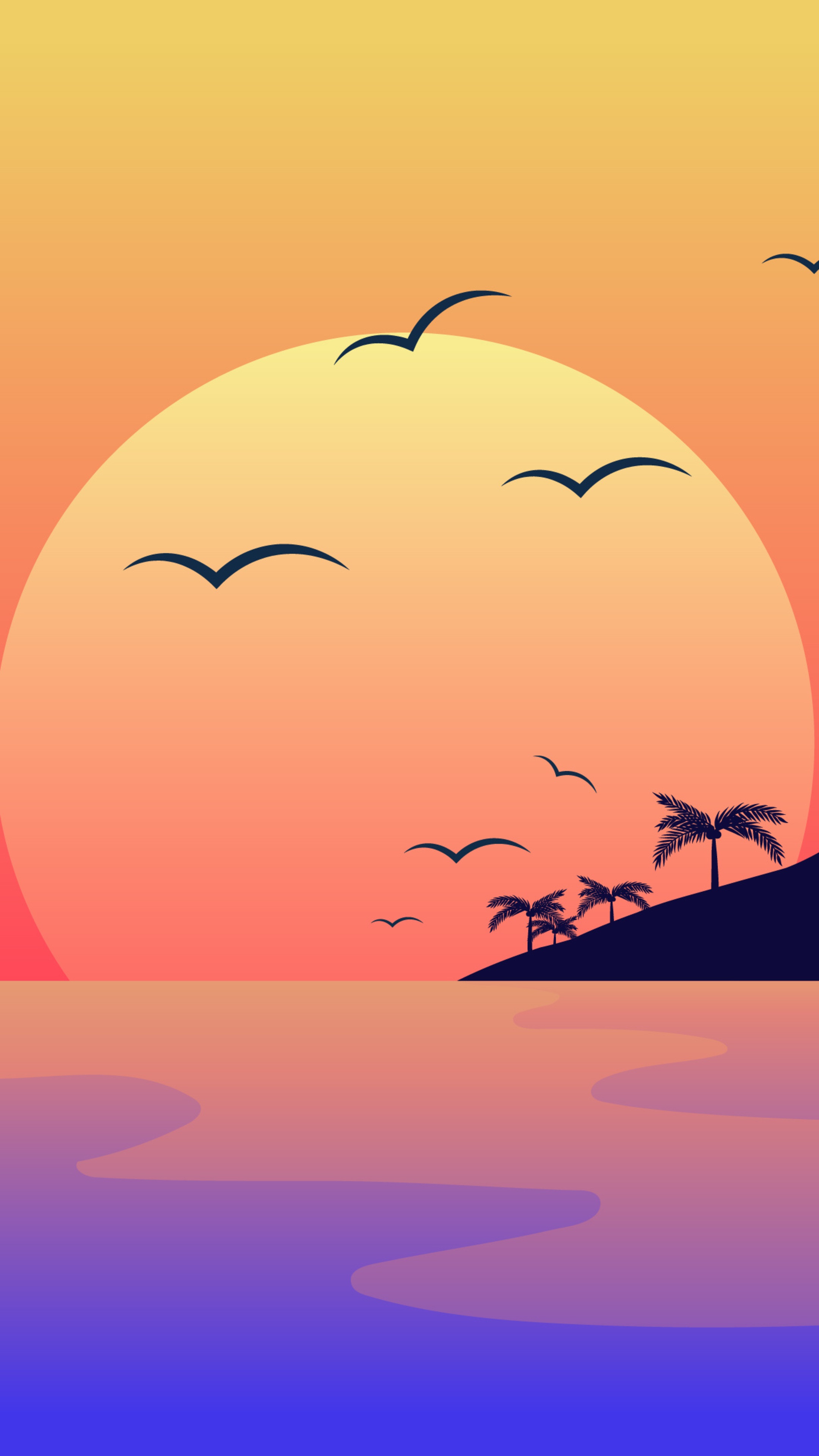 Sunset over the ocean with palm trees and birds HD Phone Wallpaper