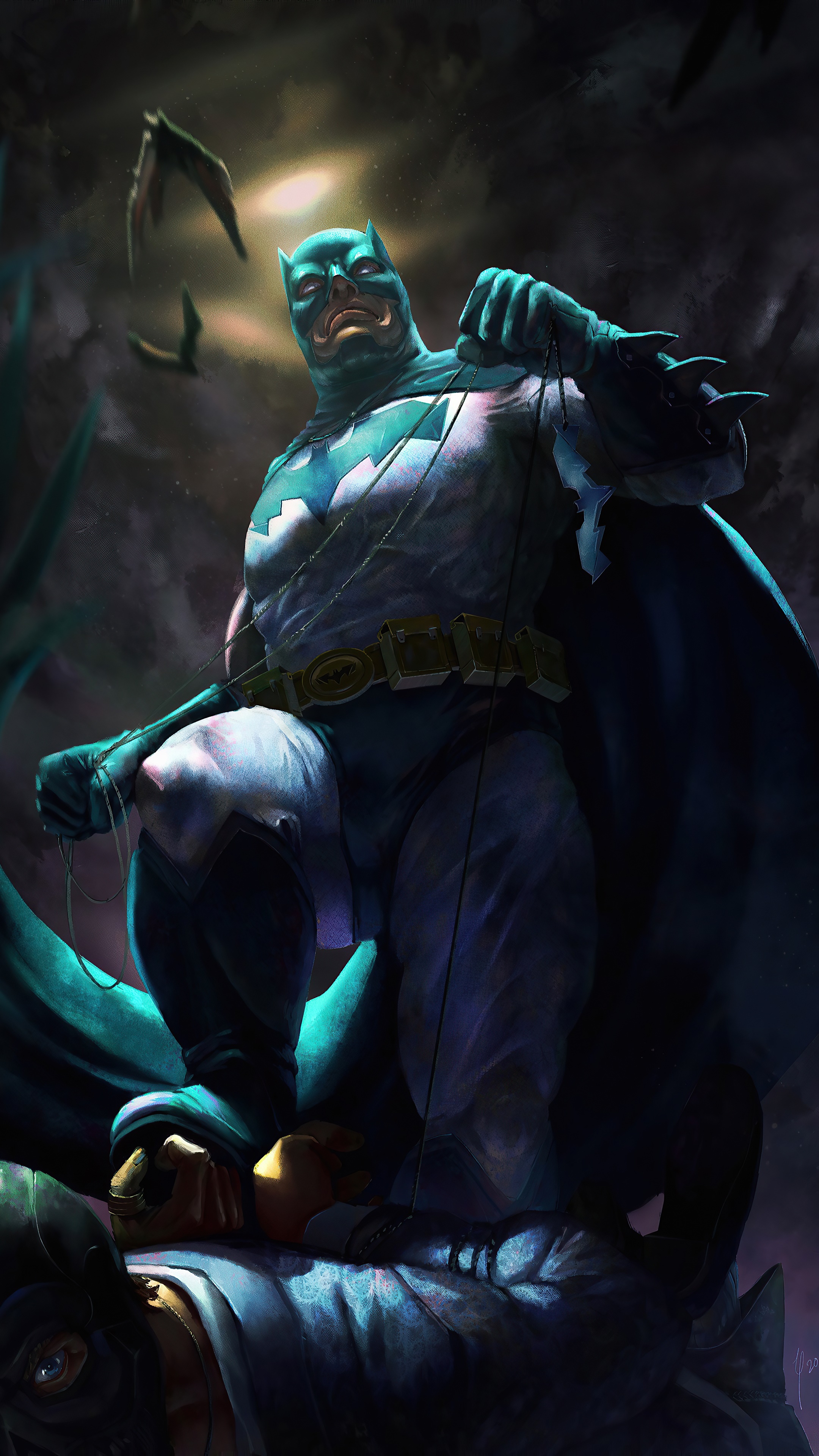 Batman artwork with bats and a fallen figure HD Phone Wallpaper