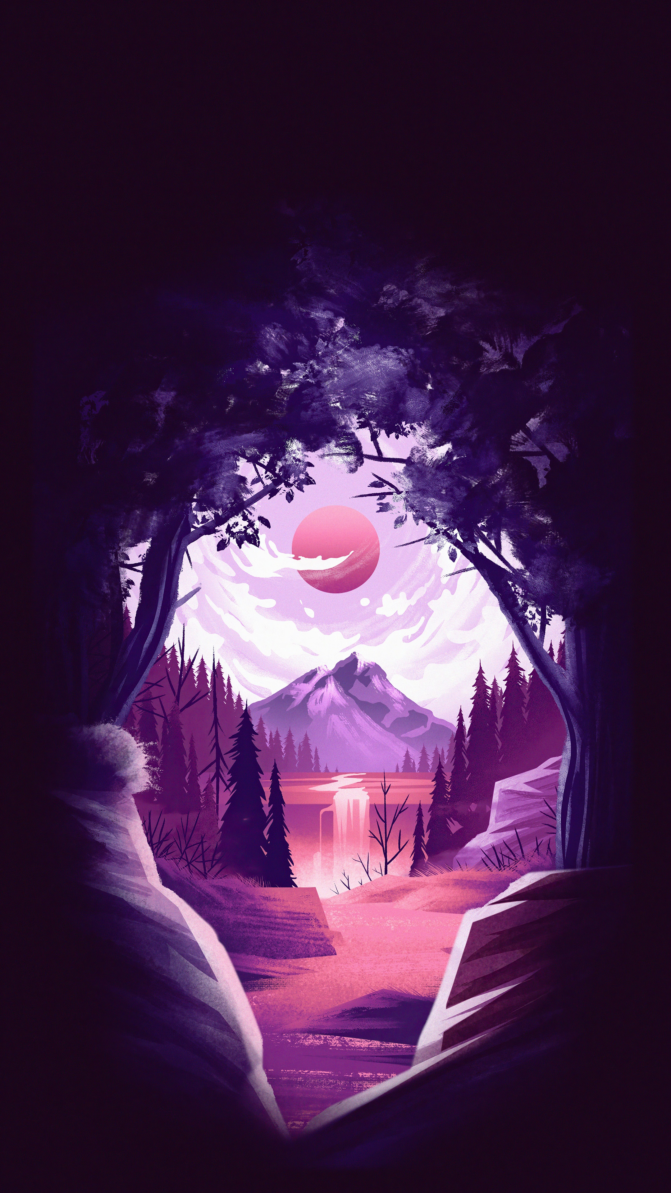 Digital artwork of a mountain landscape with a waterfall HD Phone Wallpaper